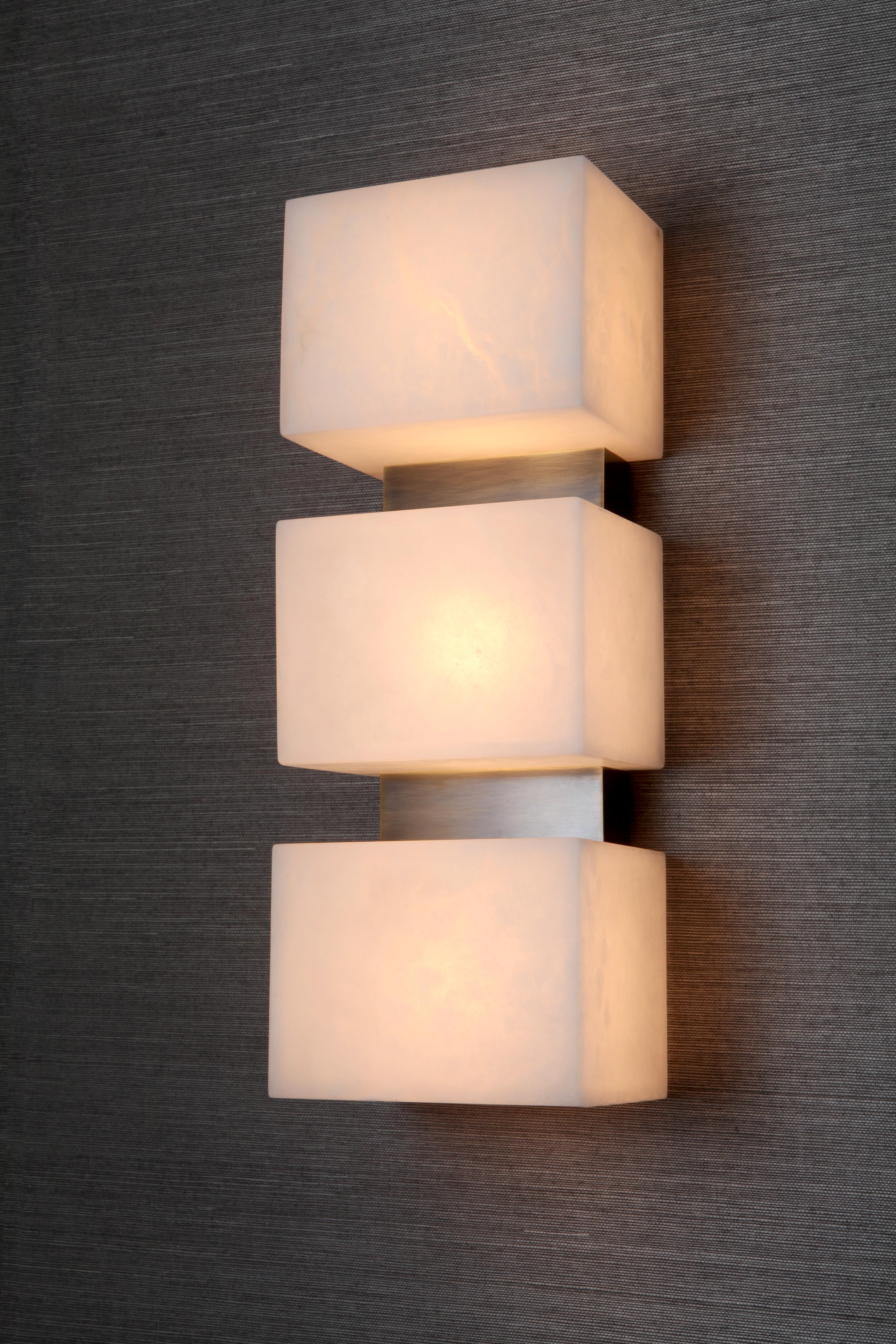 Pair of Scatola Wall Sconce, Alabaster Cubes, Brushed Patinated Brass For Sale 7