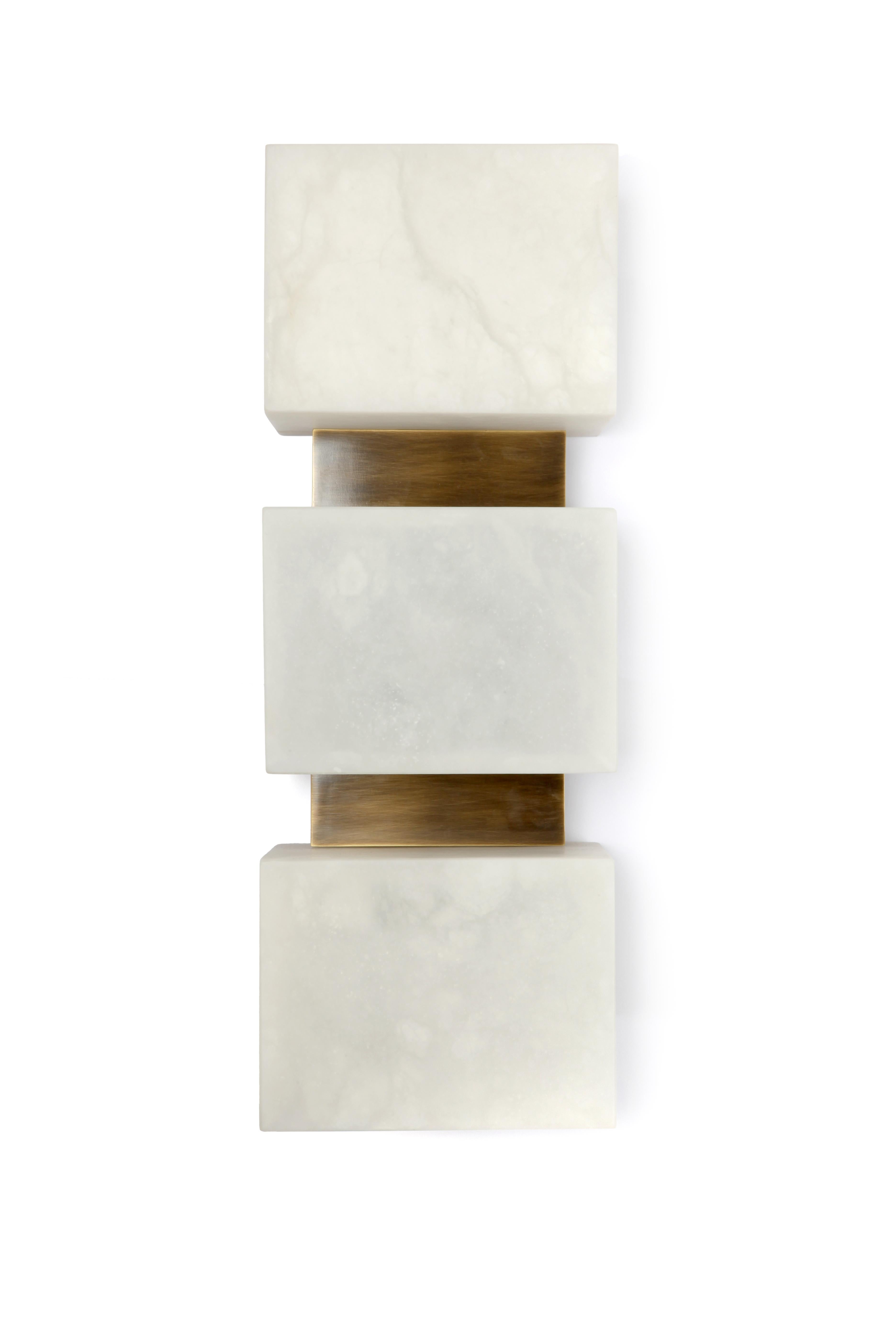 Pair of Scatola Wall Sconce, Alabaster Cubes, Brushed Patinated Brass For Sale 9