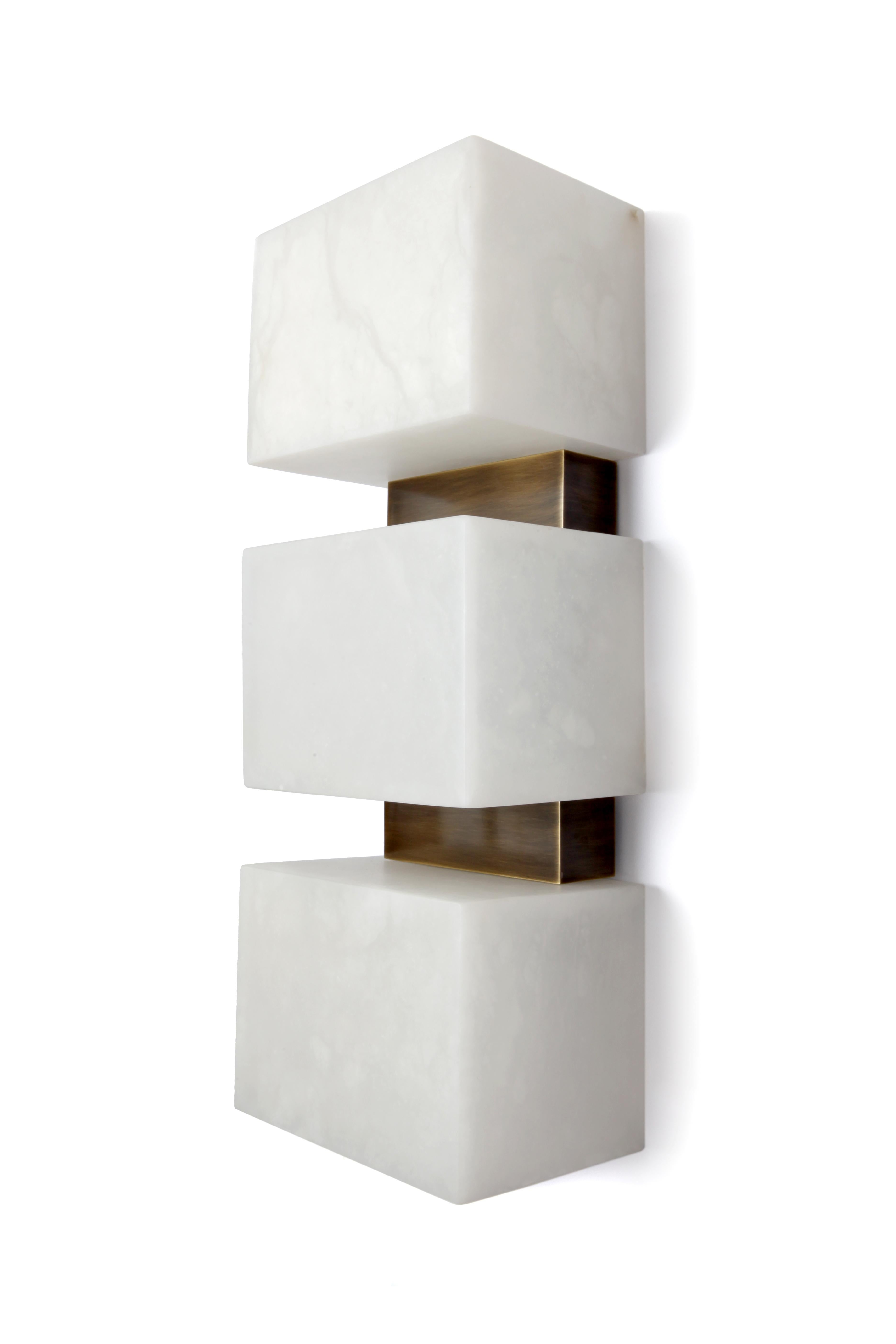 Pair of Scatola Wall Sconce, Alabaster Cubes, Brushed Patinated Brass For Sale 10