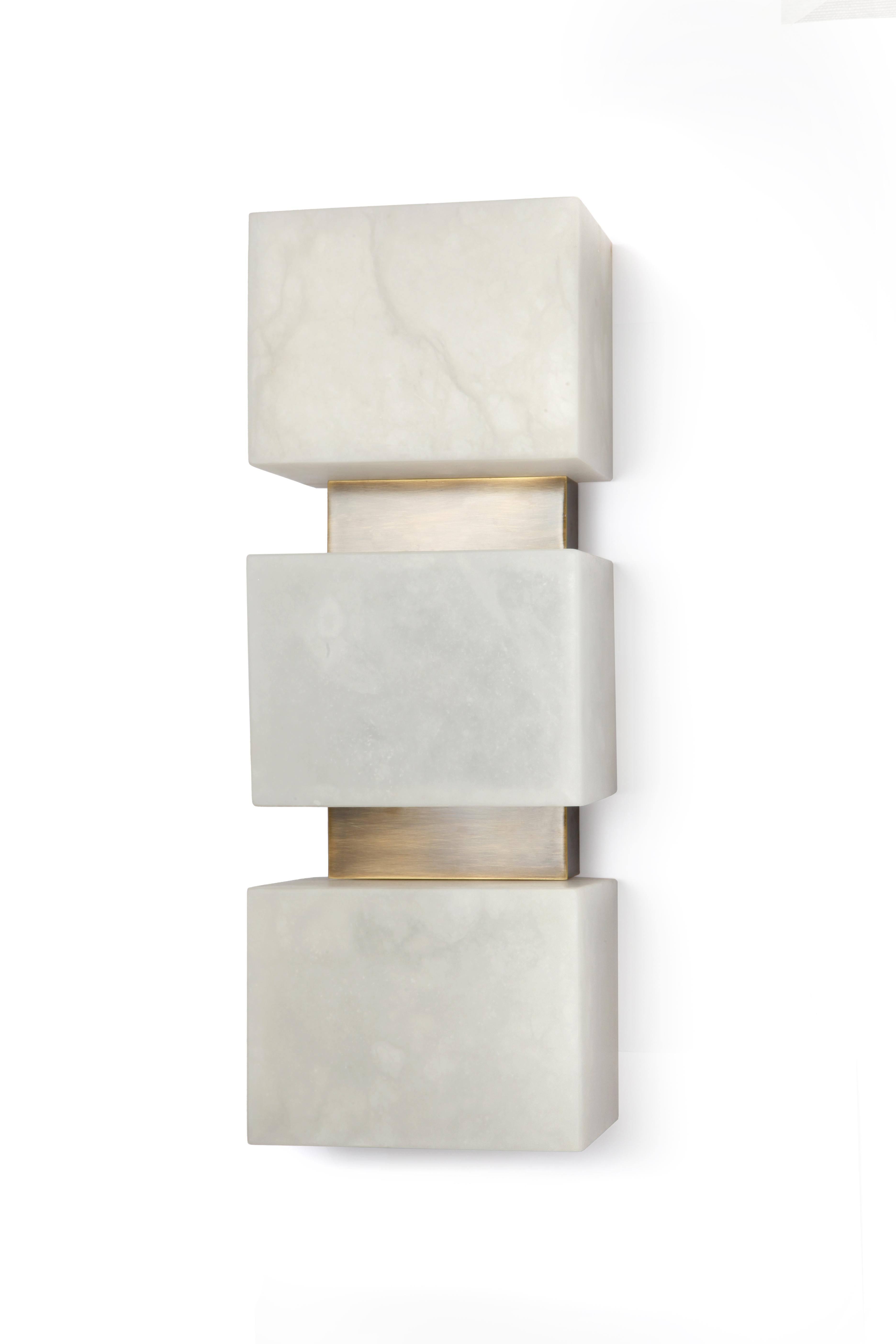 Pair of Scatola Wall Sconce, Alabaster Cubes, Brushed Patinated Brass For Sale 11