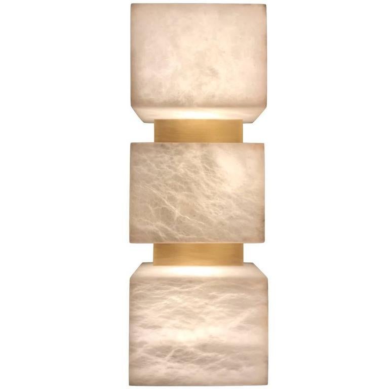 Pair of Scatola Wall Sconce, Alabaster Cubes, Brushed Patinated Brass In New Condition For Sale In London, GB