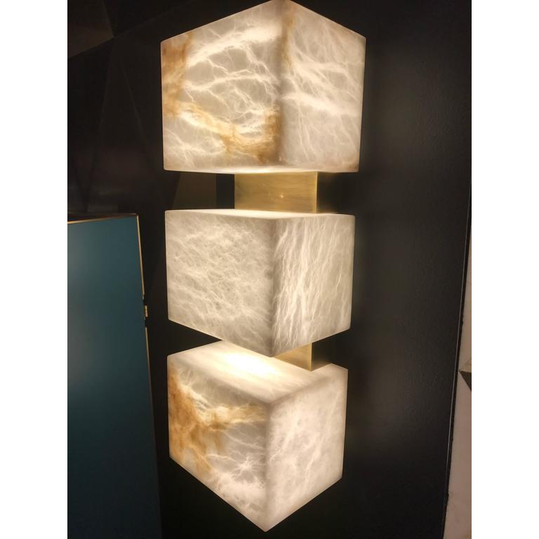 Pair of Scatola Wall Sconce, Alabaster Cubes, Brushed Patinated Brass For Sale 3