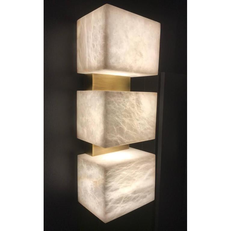 Pair of Scatola Wall Sconce, Alabaster Cubes, Brushed Patinated Brass For Sale 4