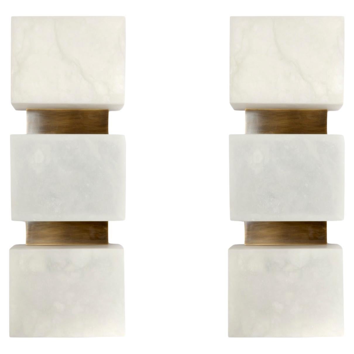 Pair of Scatola Wall Sconce, Alabaster Cubes, Brushed Patinated Brass For Sale