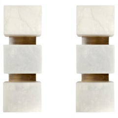 Pair of Scatola Wall Sconce, Alabaster Cubes, Brushed Patinated Brass