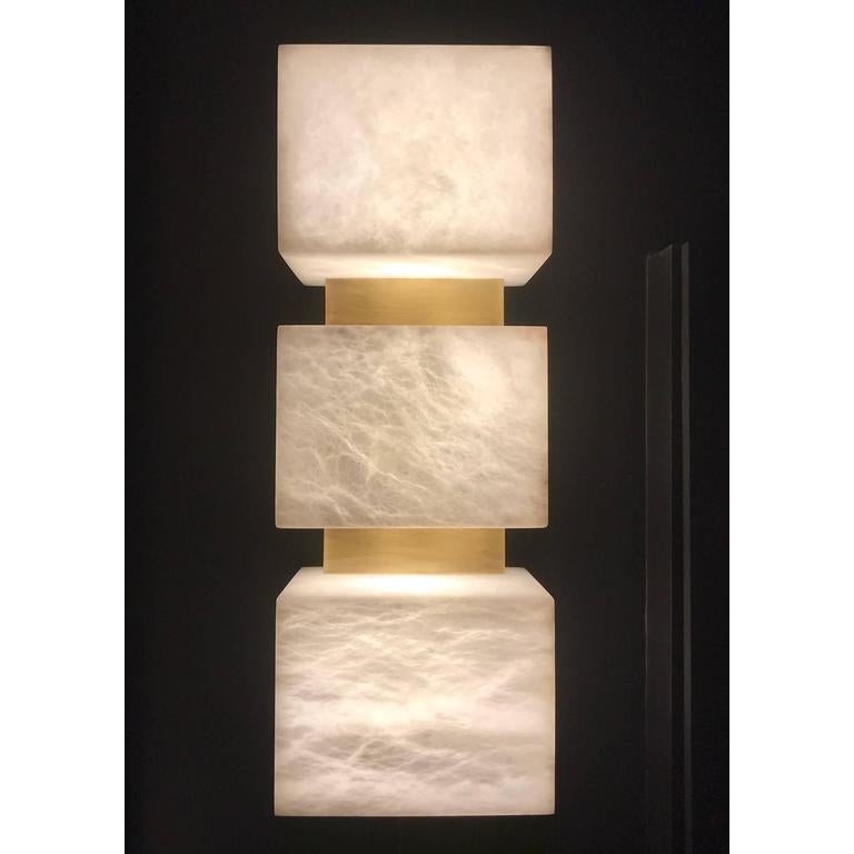 Pair of Scatola Wall Sconce, Alabaster Cubes, Brushed Patinated Brass 'US Spec' 5