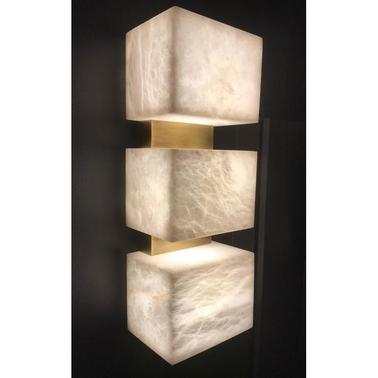 Pair of Scatola Wall Sconce, Alabaster Cubes, Brushed Patinated Brass 'US Spec' 3