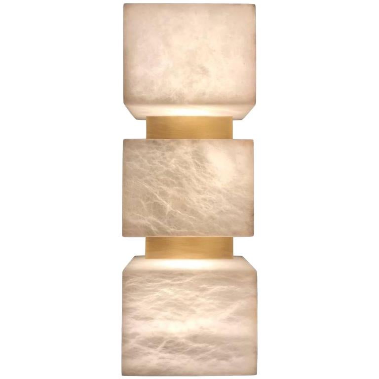 Pair of Scatola Wall Sconce, Alabaster Cubes, Brushed Patinated Brass 'US Spec'