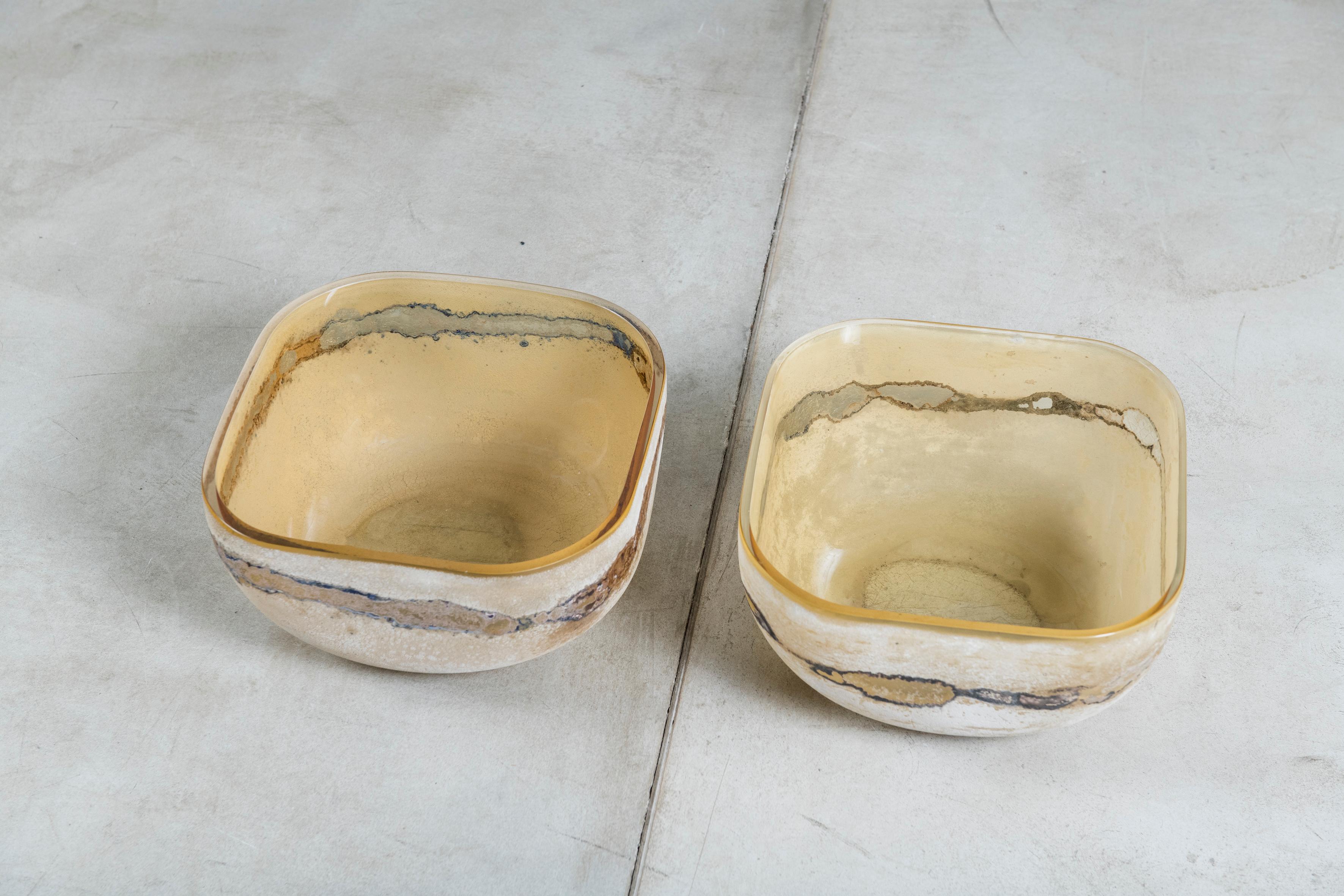 Pair of scavo glass bowls signed Barbini Murano, Italy, circa 1960.