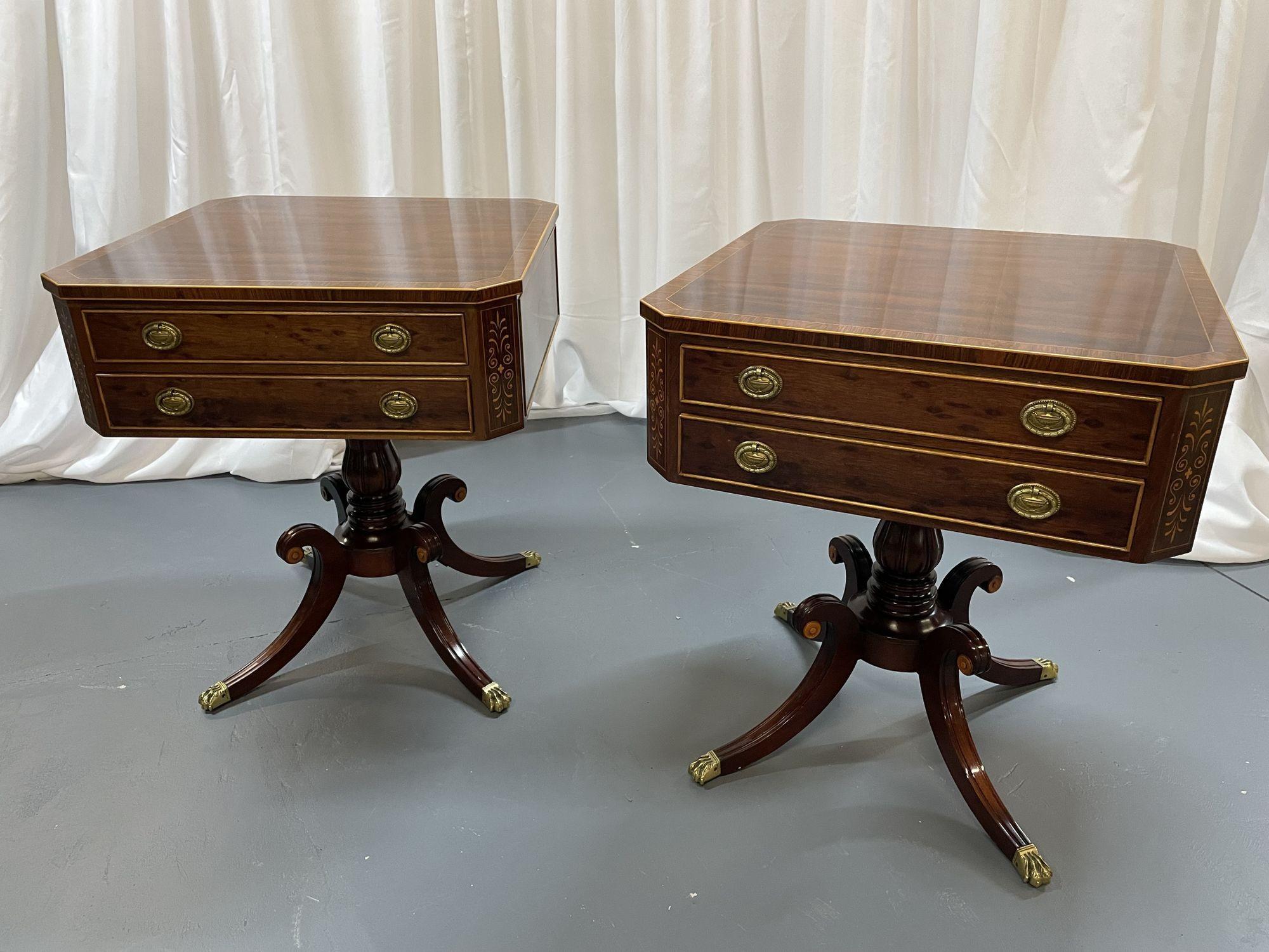 Pair Schmieg and Kotzian Satinwood and Flame mahogany side / end tables

Schmieg and Kotzian Pair of Tortoise Style Satinwood and Flame mahogany side or end tables each having two drawers in the front. Finished on all sides. On pedestal bases each