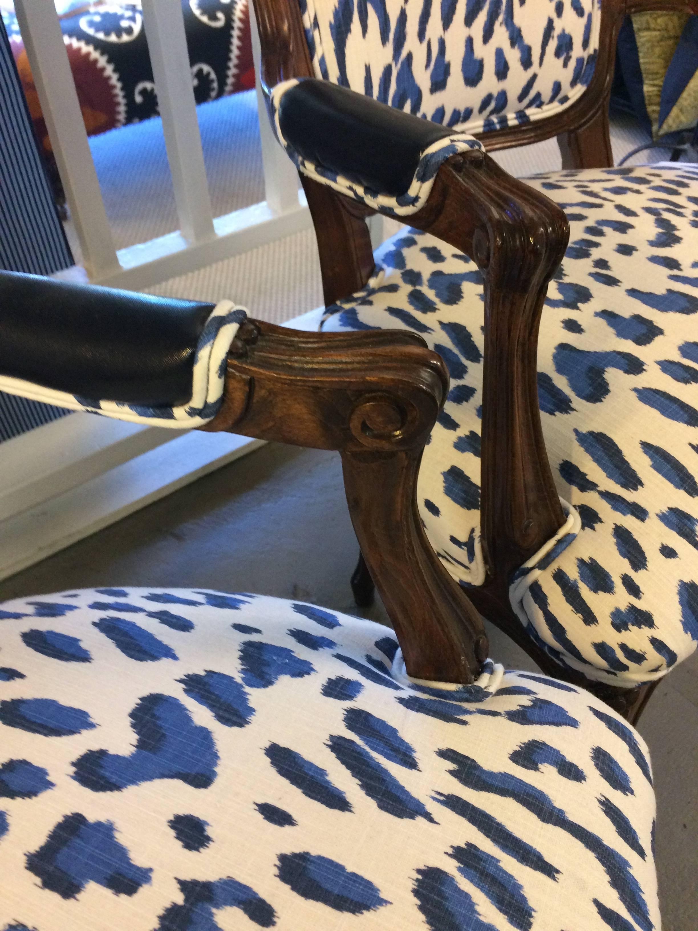 Pair of Schnazzy Armchairs Upholstered in Schumacher Blue & White Animal Print 1