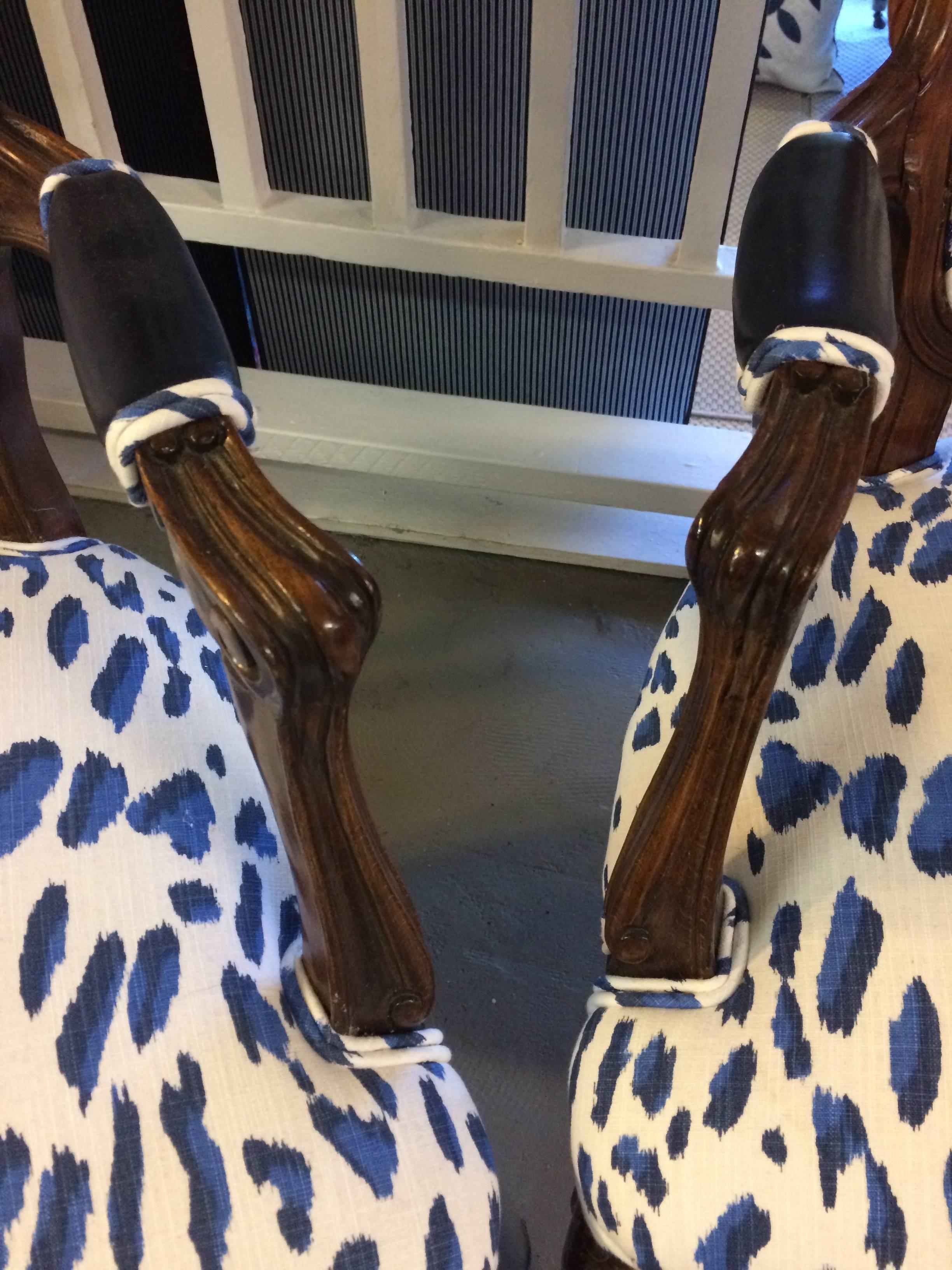 Pair of Schnazzy Armchairs Upholstered in Schumacher Blue & White Animal Print In Excellent Condition In Hopewell, NJ