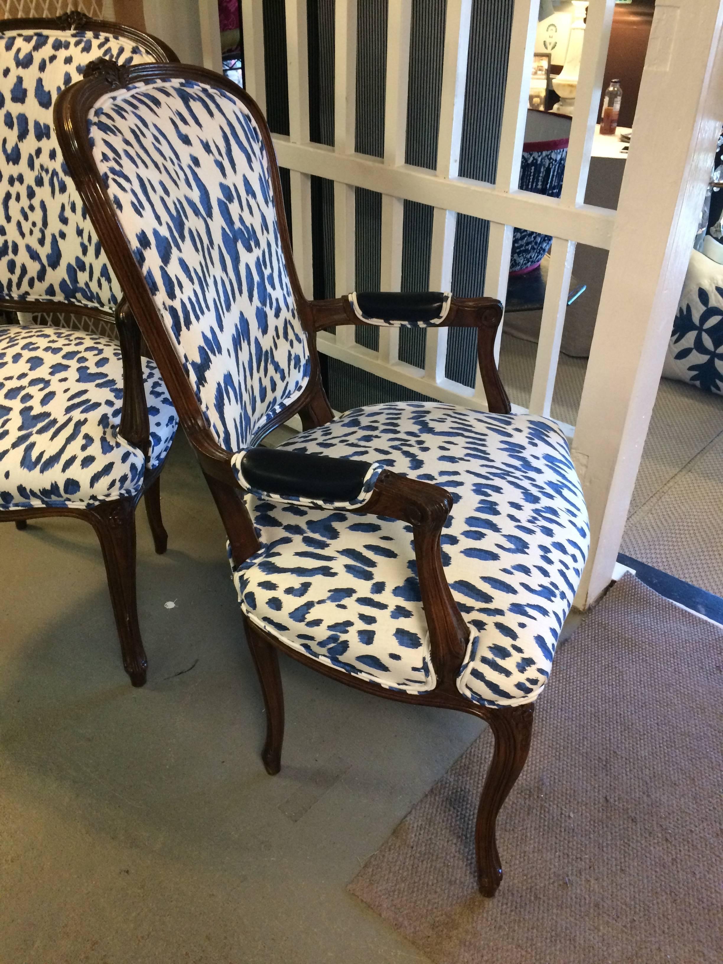 Mid-20th Century Pair of Schnazzy Armchairs Upholstered in Schumacher Blue & White Animal Print