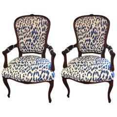 Pair of Schnazzy Armchairs Upholstered in Schumacher Blue & White Animal Print