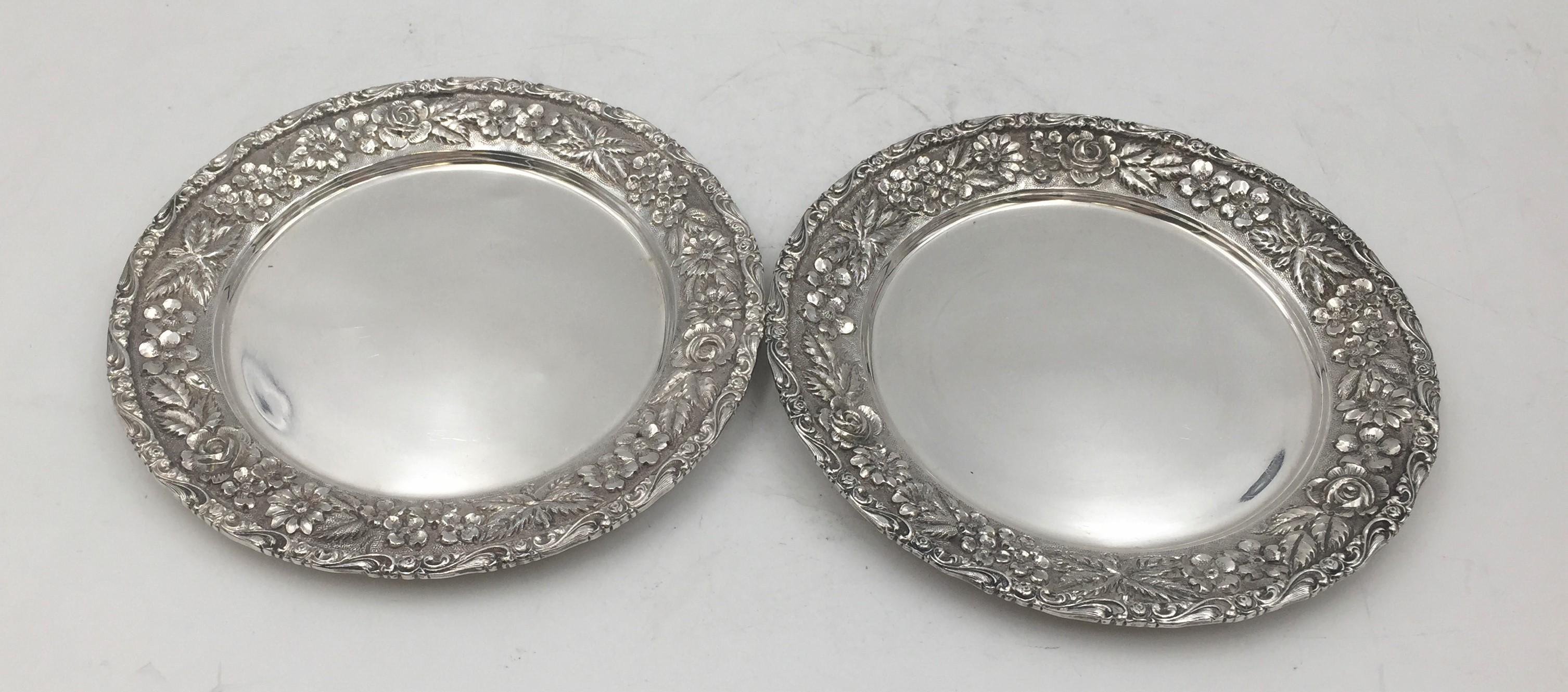 Pair of Schofield sterling silver Repousse wine coasters in beautiful repousse design and in famed Baltimore Rose pattern measuring 6'' in diameter. Total weight is 8.6 ozt.

The Schofield Company (1903–1977) also known as the Baltimore