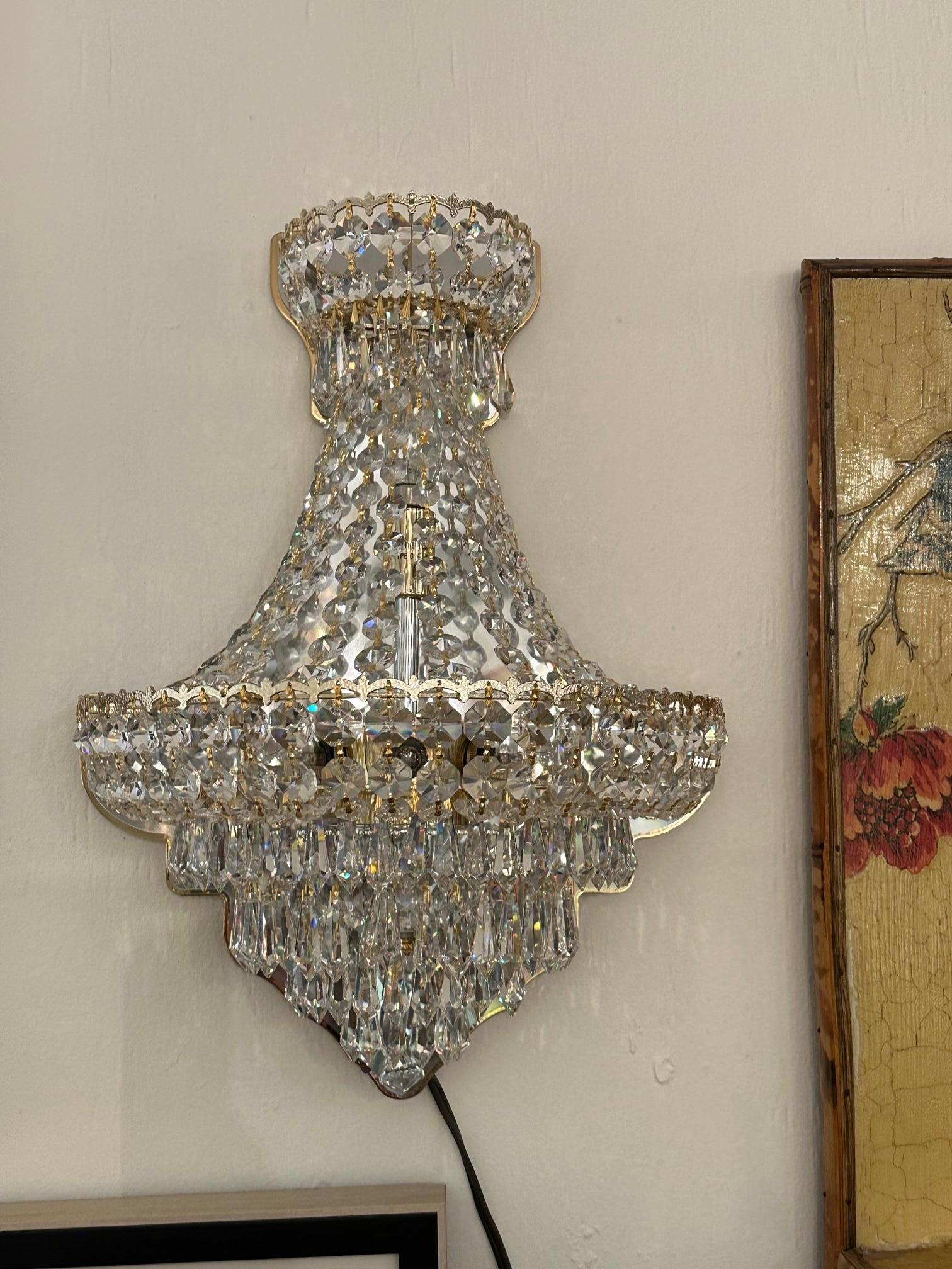 Pair of Schonbek Gold Leaf and Crystal Fancy Wall Sconces 1