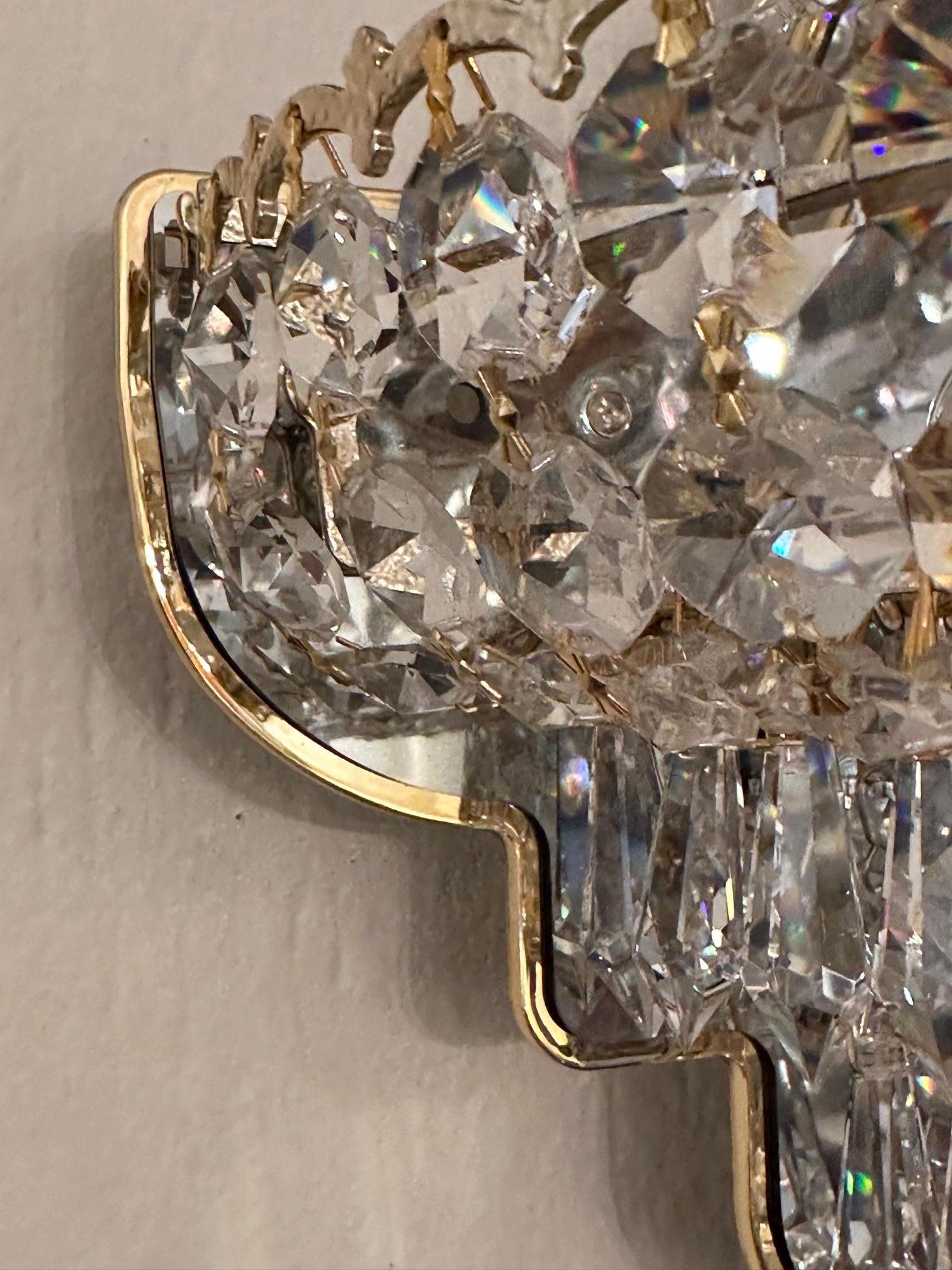 American Pair of Schonbek Gold Leaf and Crystal Fancy Wall Sconces