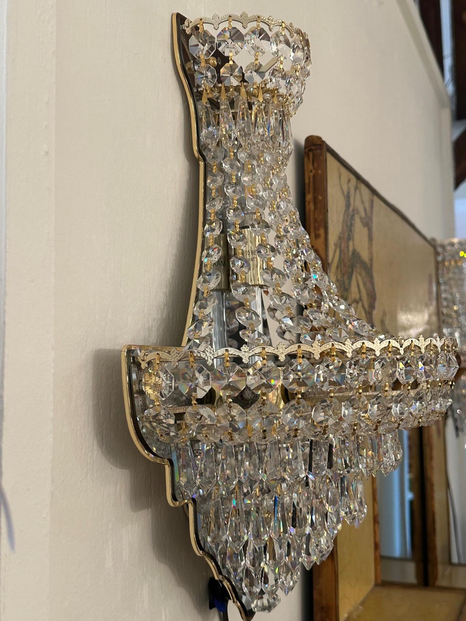 Pair of Schonbek Gold Leaf and Crystal Fancy Wall Sconces In Excellent Condition In Hopewell, NJ