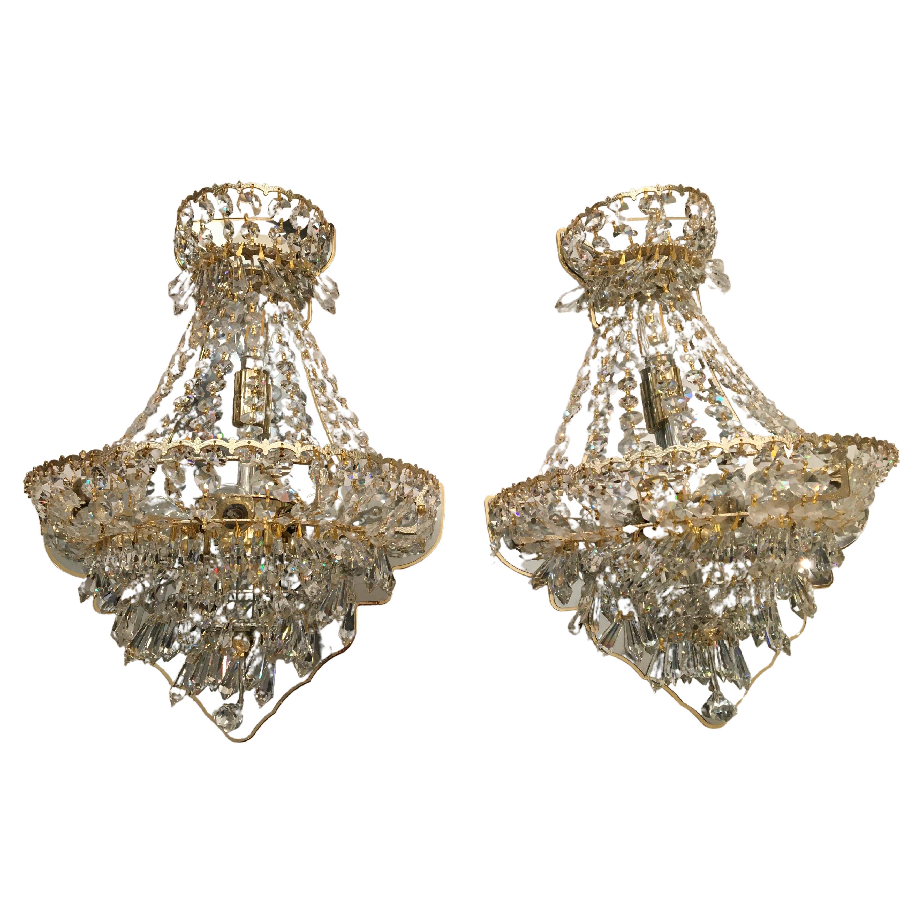Pair of Schonbek Gold Leaf and Crystal Fancy Wall Sconces