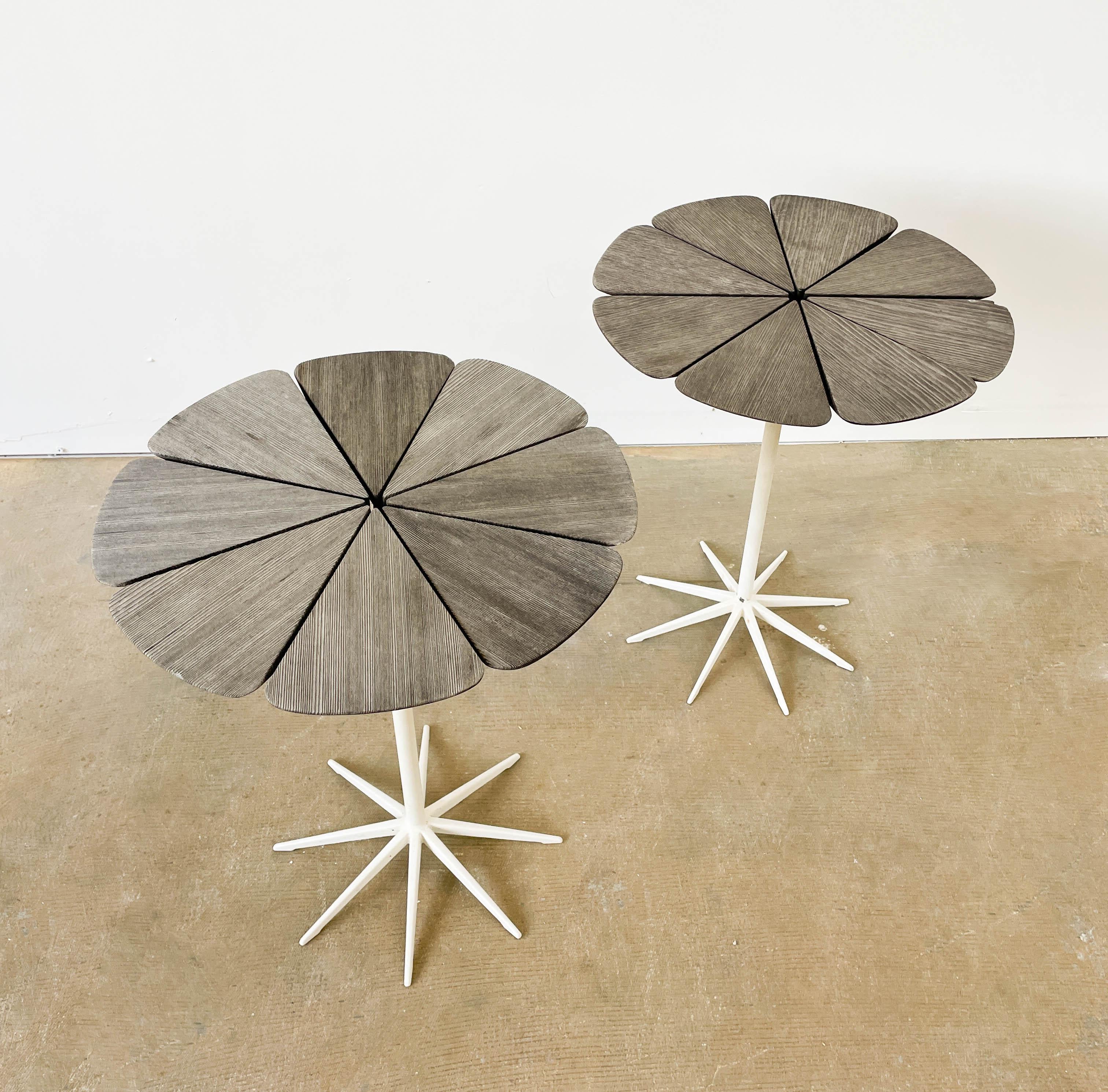This pair of Petal Tables designed by Richard Schultz features beautifully weathered rosewood petals in a variety of gray tones. Sold by Knoll International in approximately 1965. Each of the petal pieces is a delicate work of art. There is one