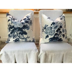 Pair of Schumacher Hollyhock Pyne in Indigo Pillows