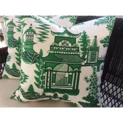 Pair of Schumacher Pillows in Jade Green & White "Nanjing" Chinoiserie Style