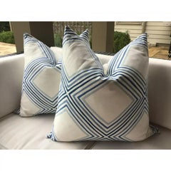 Pair of Schumacher “Square Dance “ Blue and White Down Filled Pillows