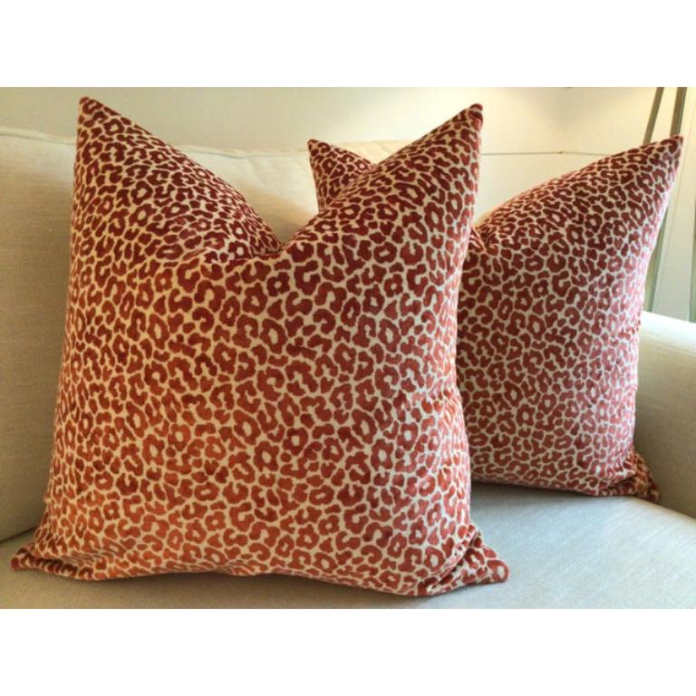Da Timothy Corrigan per Schumacher arriva questo velluto di alta gamma con un pelo così lucido che è stato difficile da fotografare! In un ricco color granatina (rosso corallo tenue), questi cuscini con stampa animalier aggiungeranno una texture