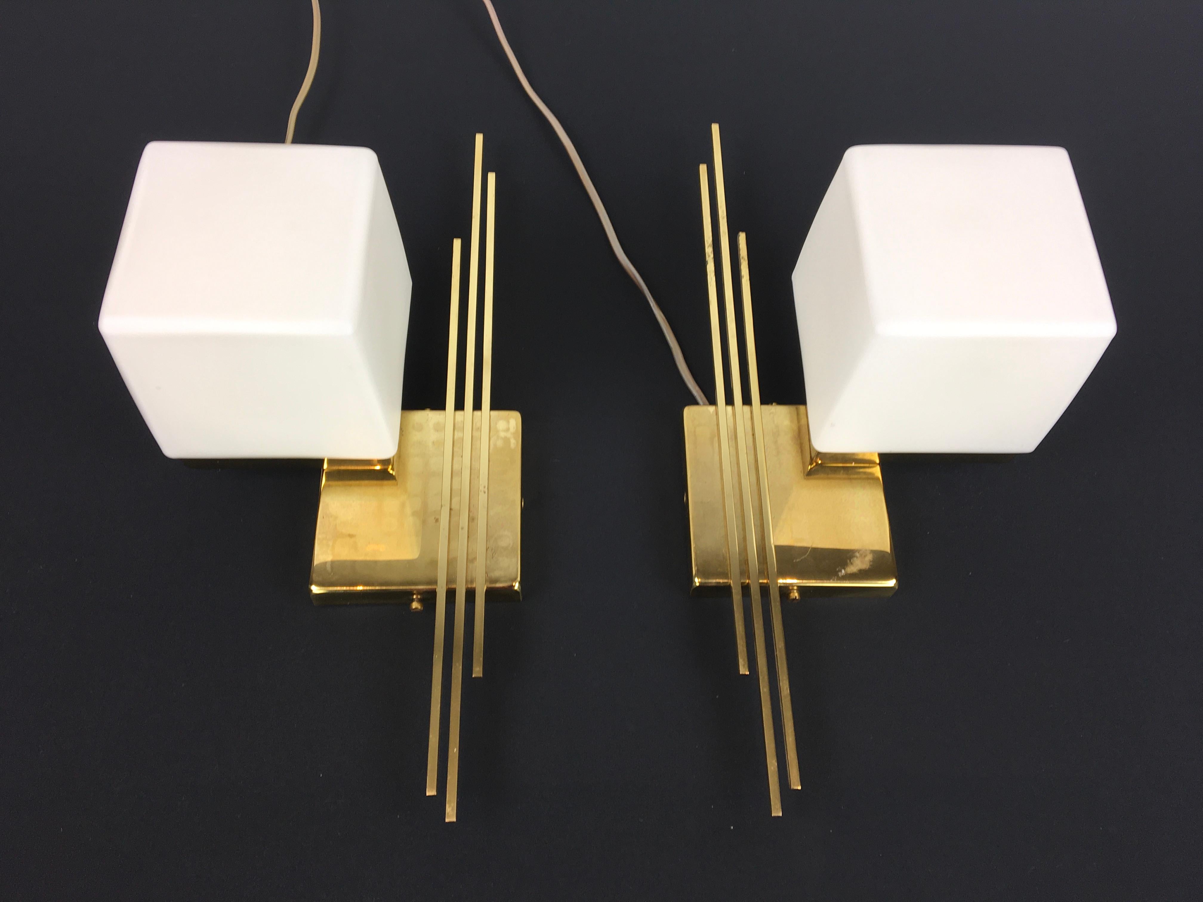 Pair of Sciolari Brass and Cube Milk Glass Wall Lights, Direction Hanging V or H 5
