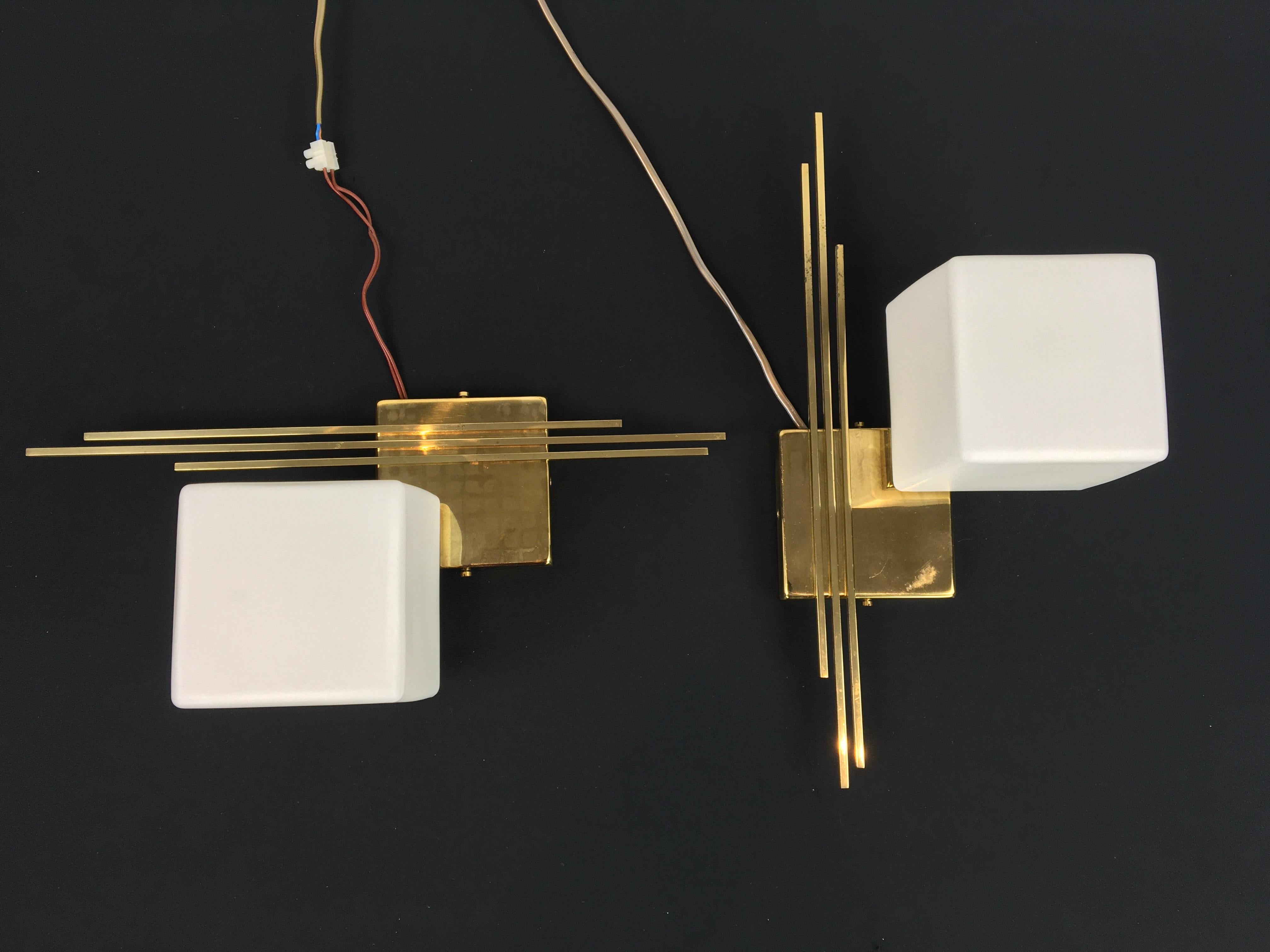 Pair of Sciolari Brass and Cube Milk Glass Wall Lights, Direction Hanging V or H 6