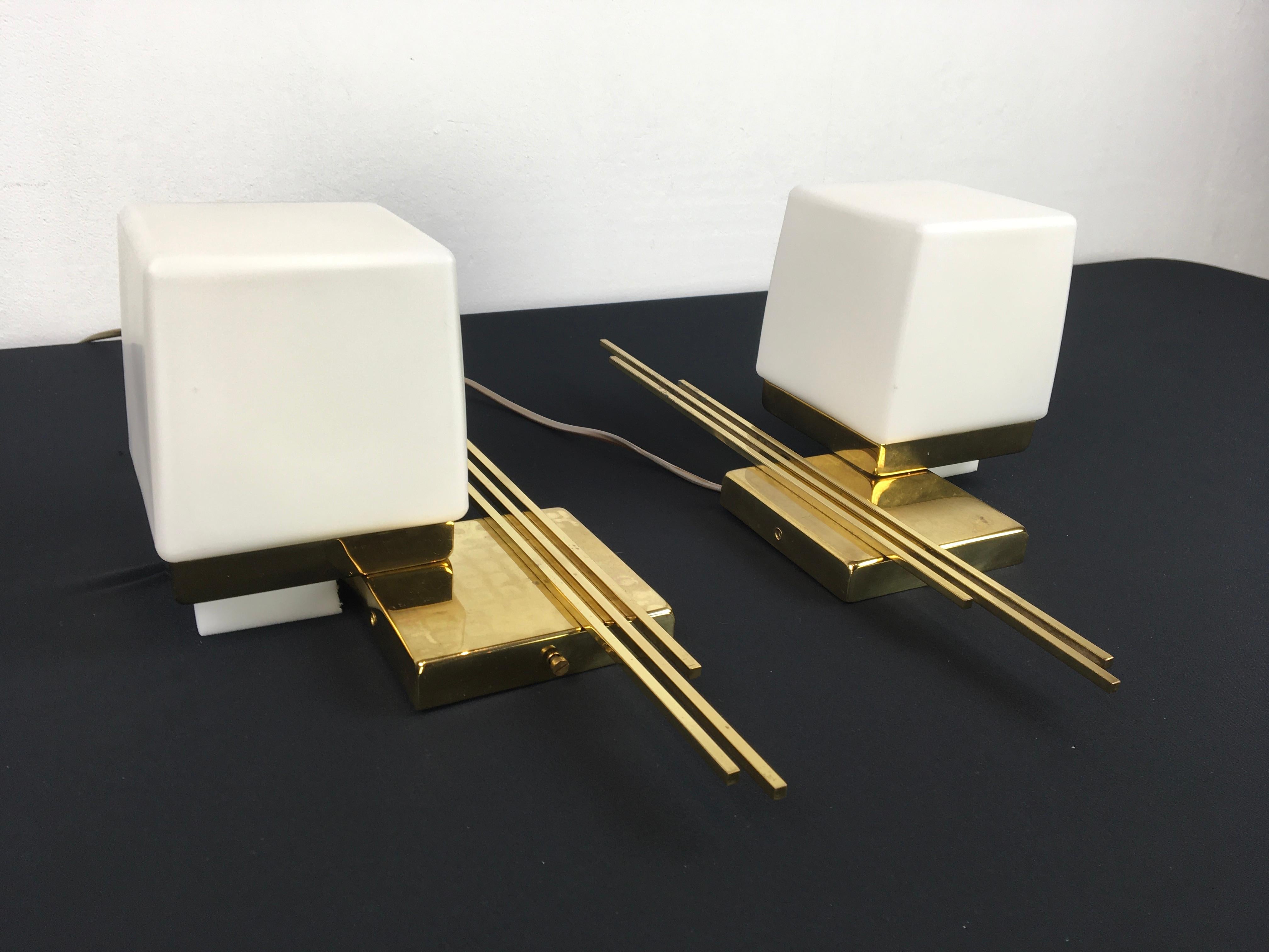 Modern Pair of Sciolari Brass and Cube Milk Glass Wall Lights, Direction Hanging V or H