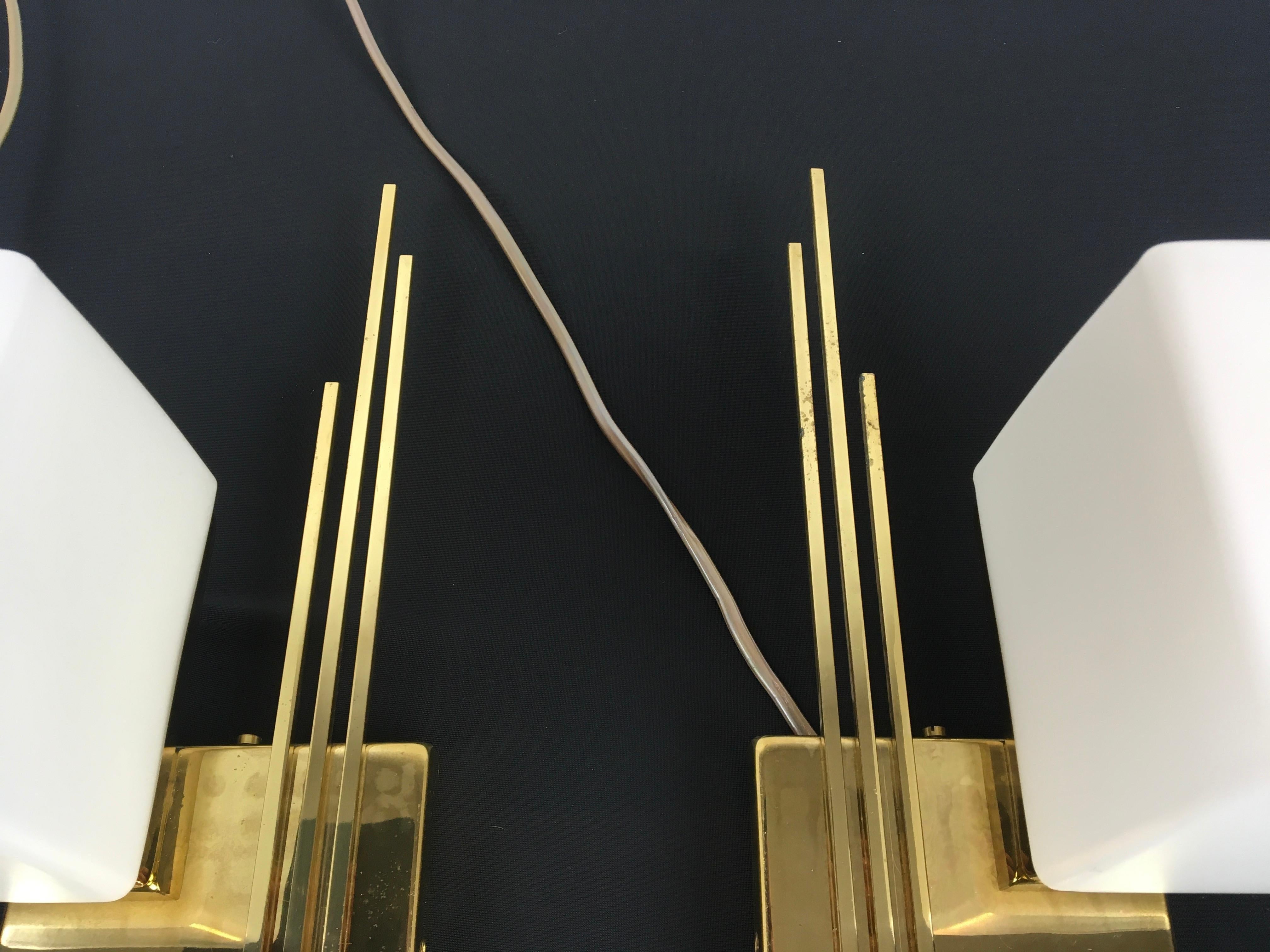 20th Century Pair of Sciolari Brass and Cube Milk Glass Wall Lights, Direction Hanging V or H