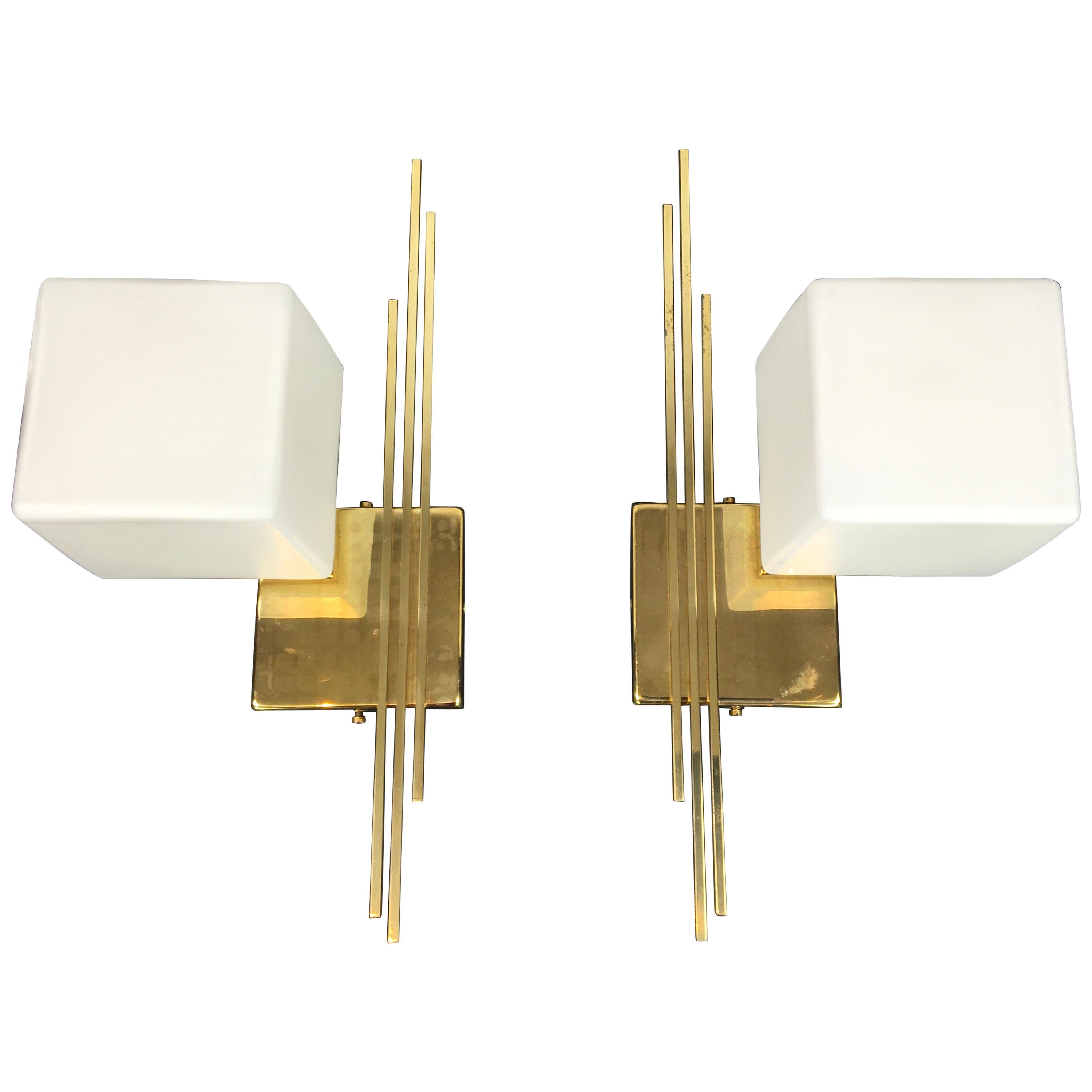 Pair of Sciolari Brass and Cube Milk Glass Wall Lights, Direction Hanging V or H