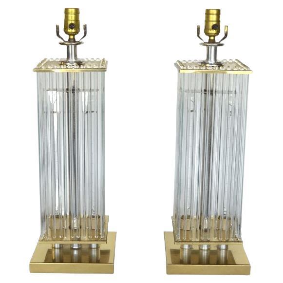 Pair of Sciolari Brass and Glass Rod Table Lamps For Sale
