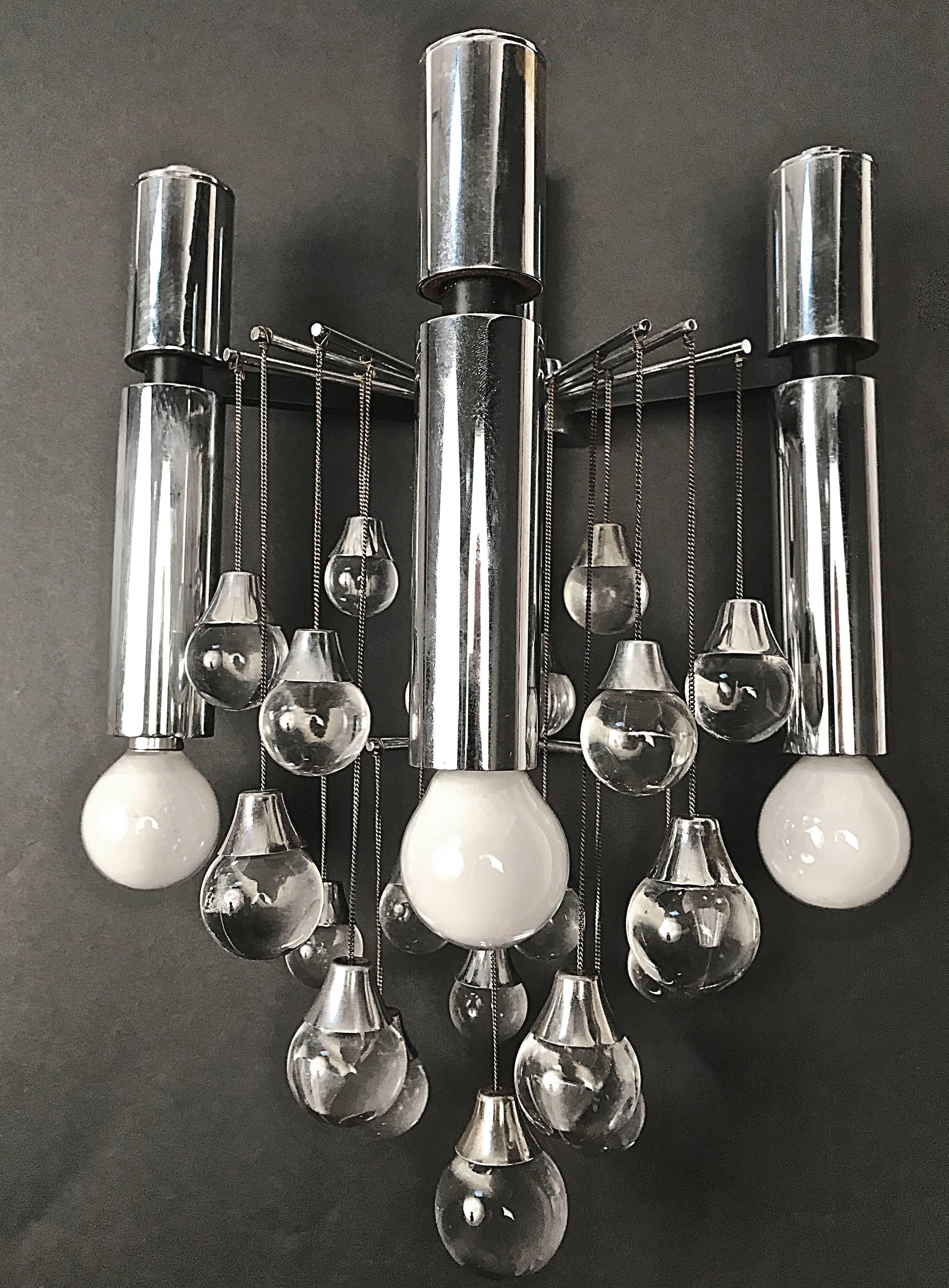 Pair of Sciolari Chrome and Glass Italian Sconces with Three Lights, 1960s For Sale 12