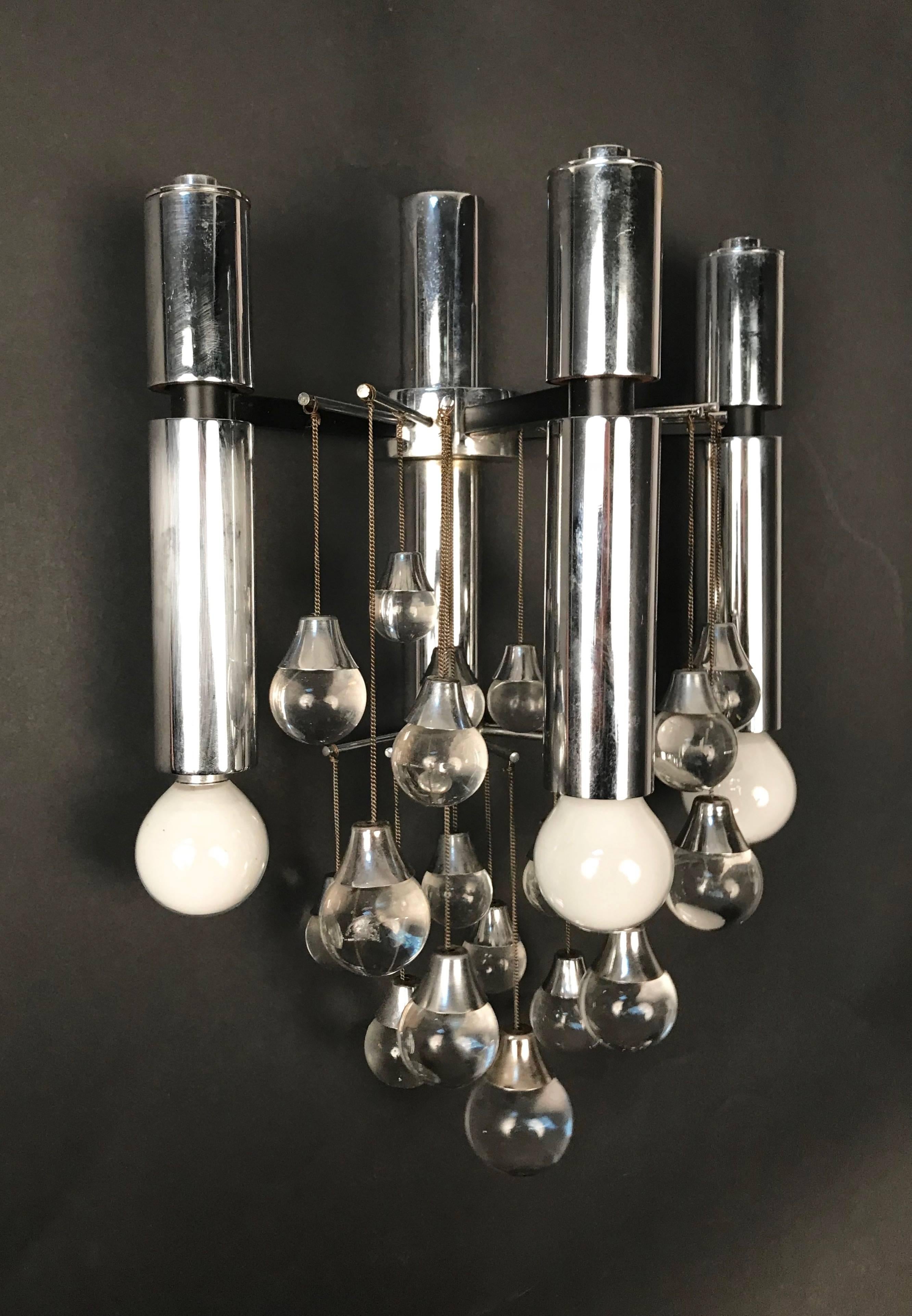 Pair of Sciolari Chrome and Glass Italian Sconces with Three Lights, 1960s For Sale 13