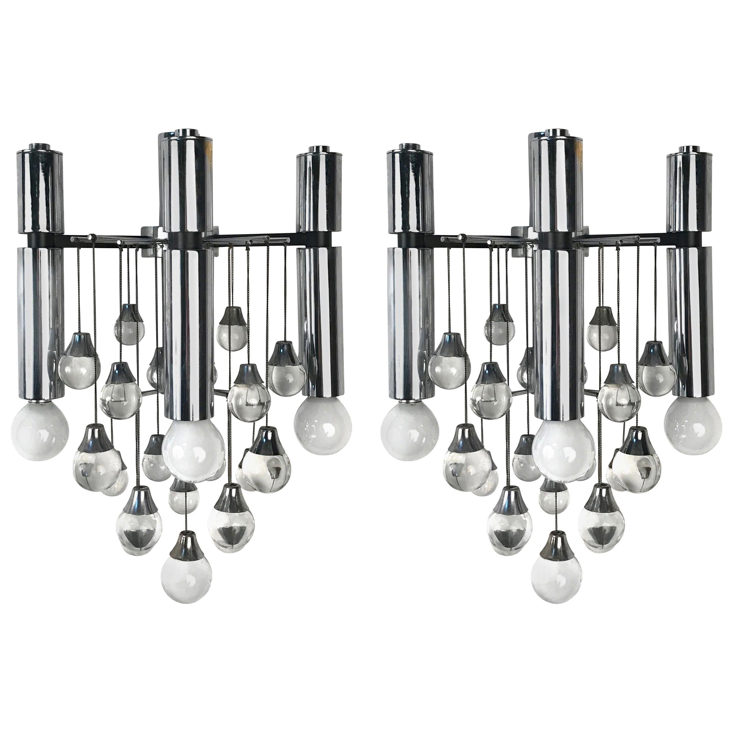 Pair of Sciolari Chrome and Glass Italian Sconces with Three Lights, 1960s For Sale