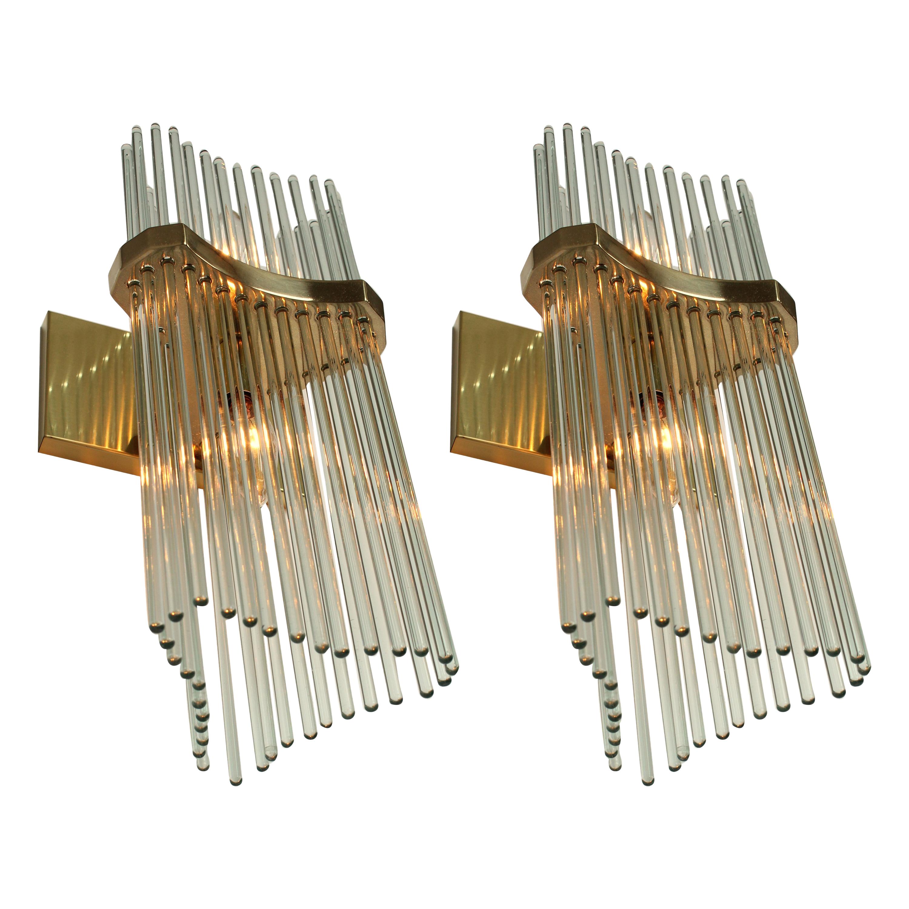 Pair of Sciolari Glass Rod 
Brass Wall Sconces Two-Light Bulbs, Italia, 1970