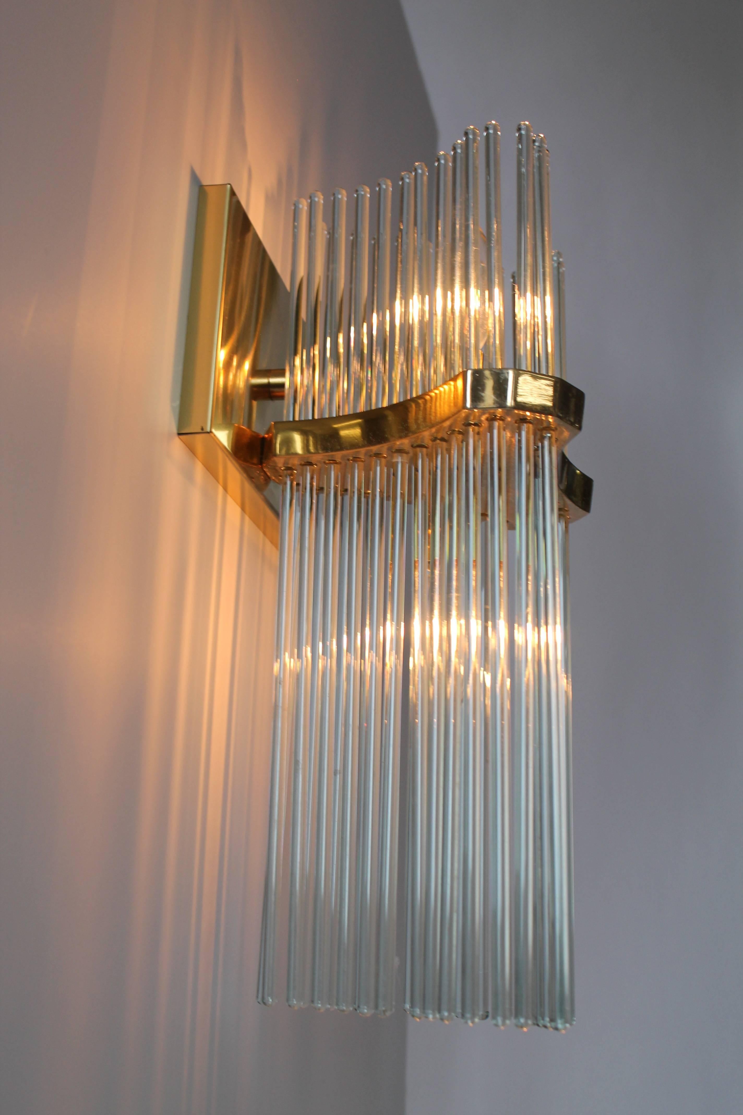 Italian Pair of Sciolari Glass Rod & Brass Wall Sconces Two-Light Bulbs, Italia, 1970