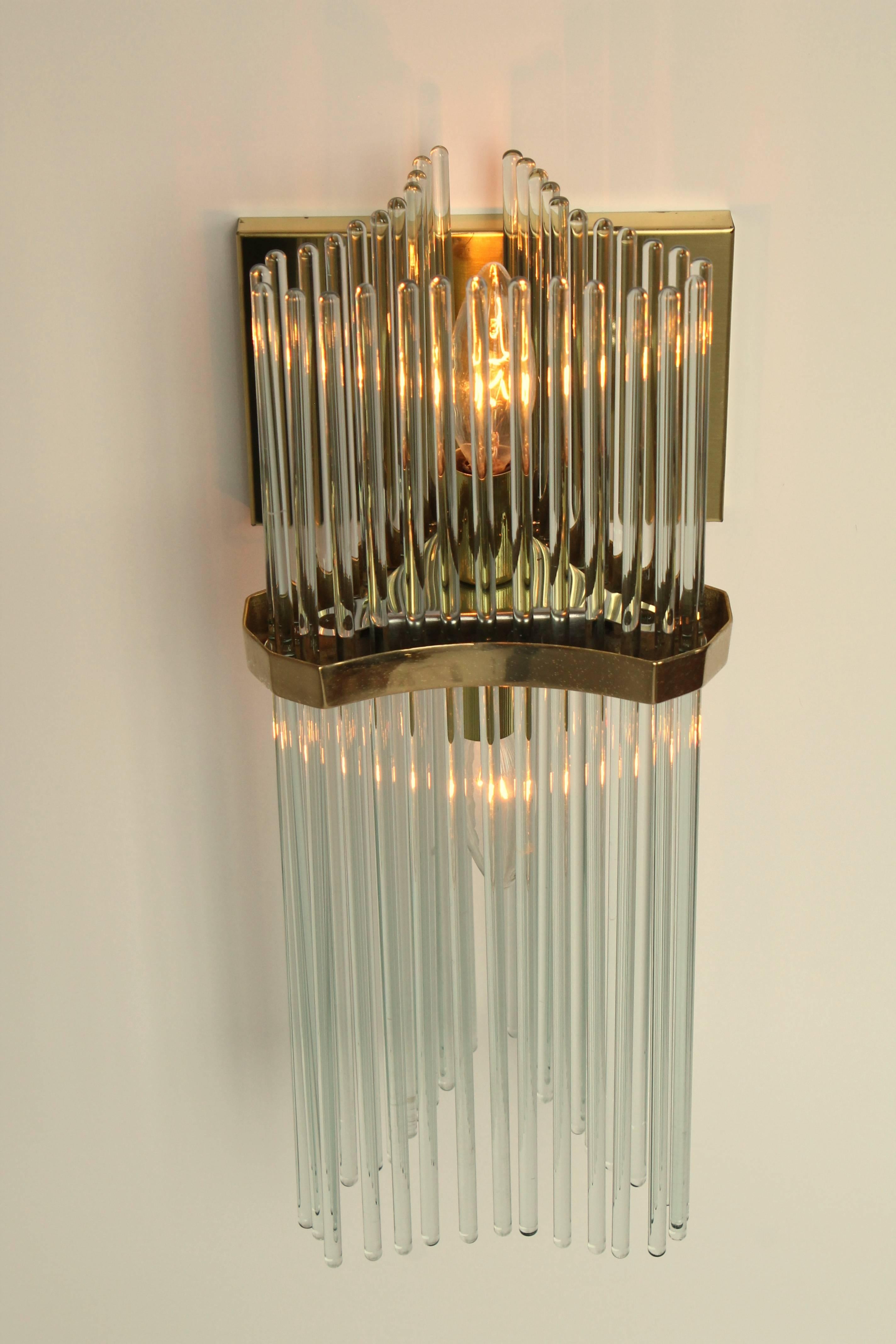 Late 20th Century Pair of Sciolari Glass Rod & Brass Wall Sconces Two-Light Bulbs, Italia, 1970