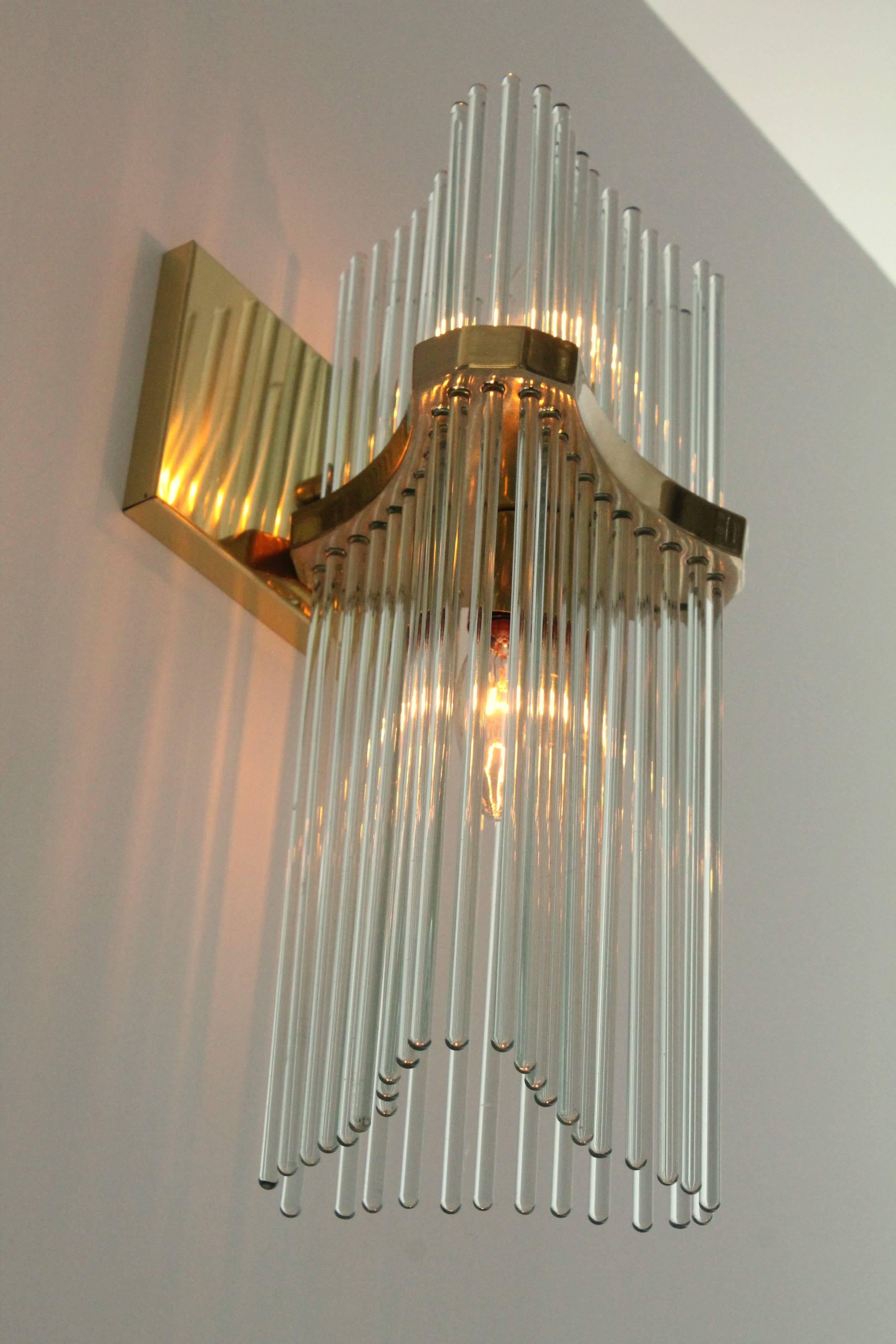 Pair of Sciolari Glass Rod & Brass Wall Sconces Two-Light Bulbs, Italia, 1970 1