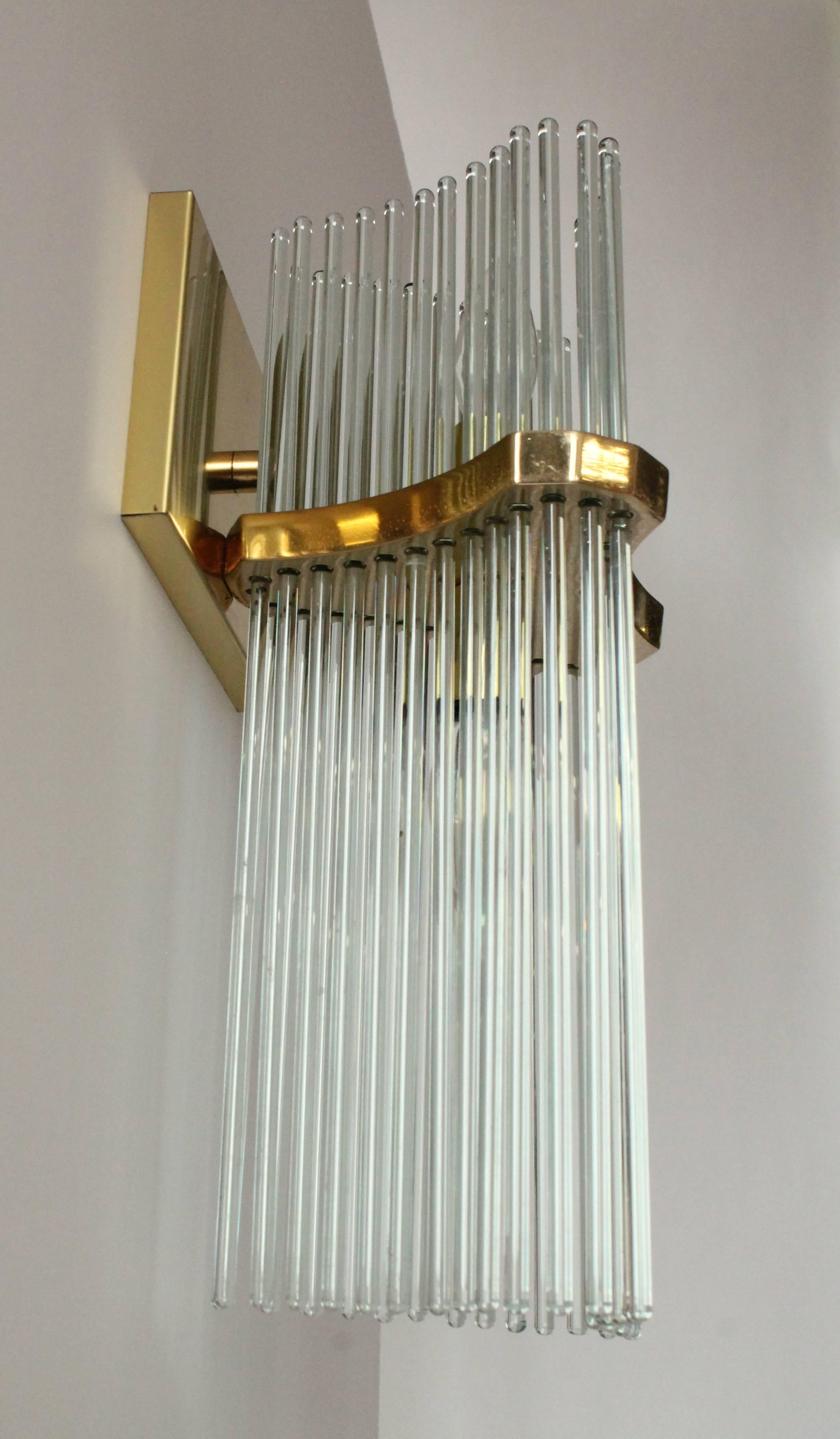 Pair of Sciolari Glass Rod & Brass Wall Sconces Two-Light Bulbs, Italia, 1970 2