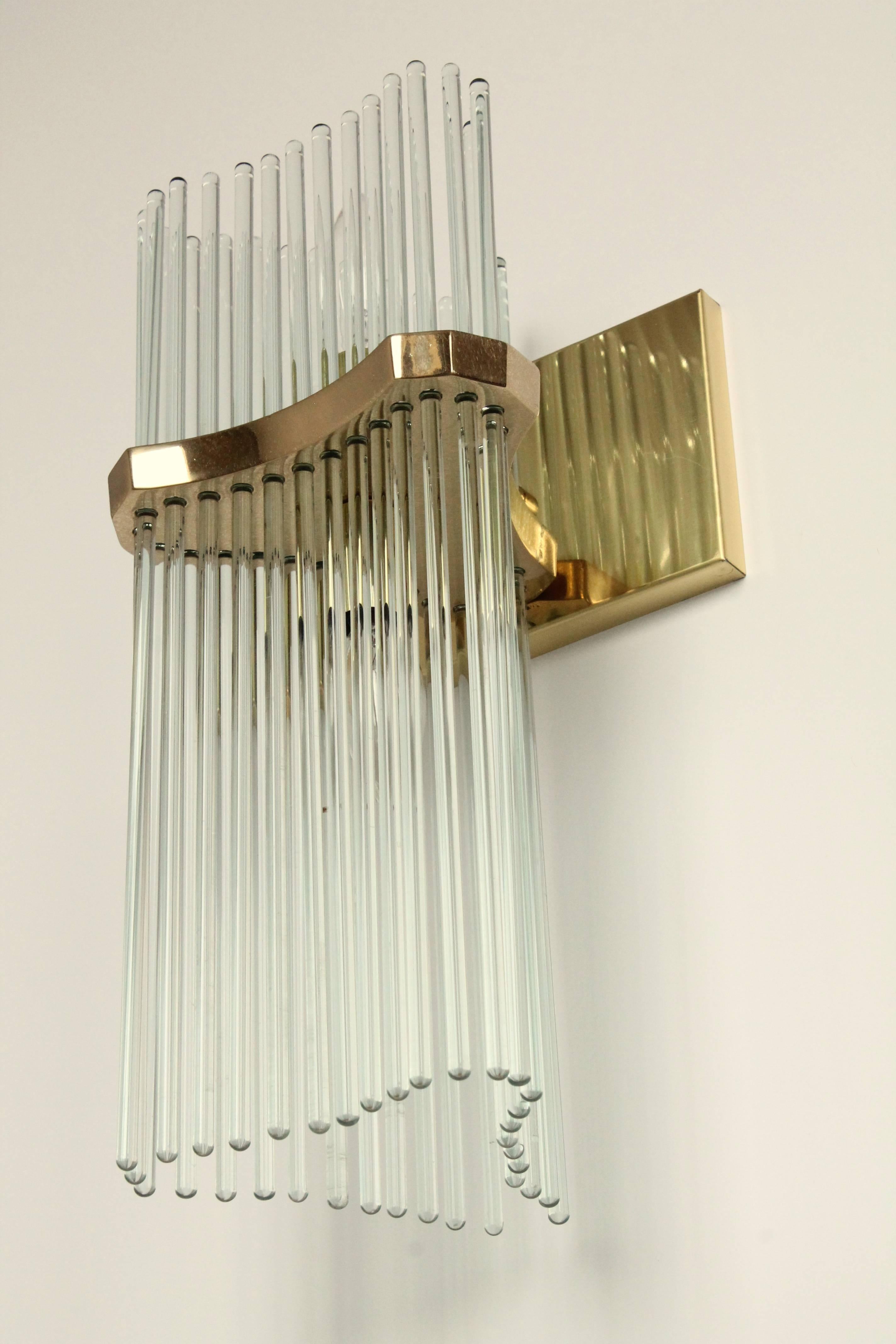 Pair of Sciolari Glass Rod & Brass Wall Sconces Two-Light Bulbs, Italia, 1970 3