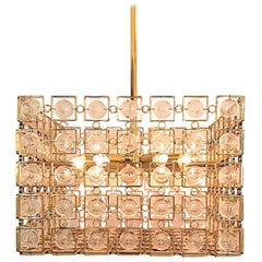 Pair of Sciolari of Italy 1970s Gold & Crystal Disk Geometric Chandelier 1 of 2