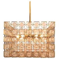 Pair of Sciolari of Italy 1970s Gold & Crystal Disk Geometric Chandelier 1 of 2