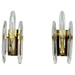 Pair of Sciolari sconces in glass and gilded brass. Italy 1970s