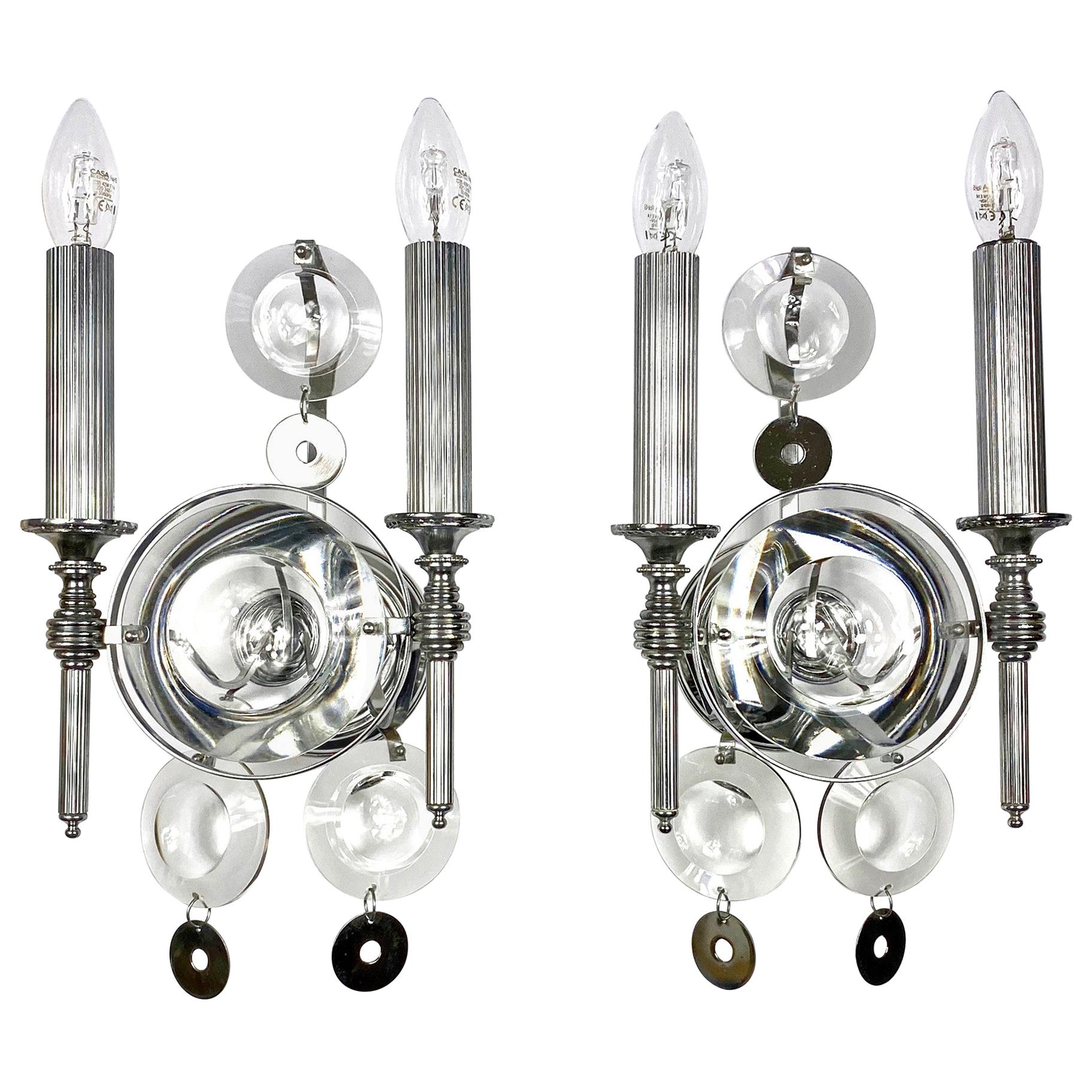 Pair of Sciolari Sconces Wall Lamp, Metal and Glass, Italy, 1970s For Sale