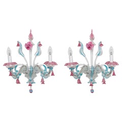 Pair of Sconce Murano Glass Pink and Light Blue 1980s Italy