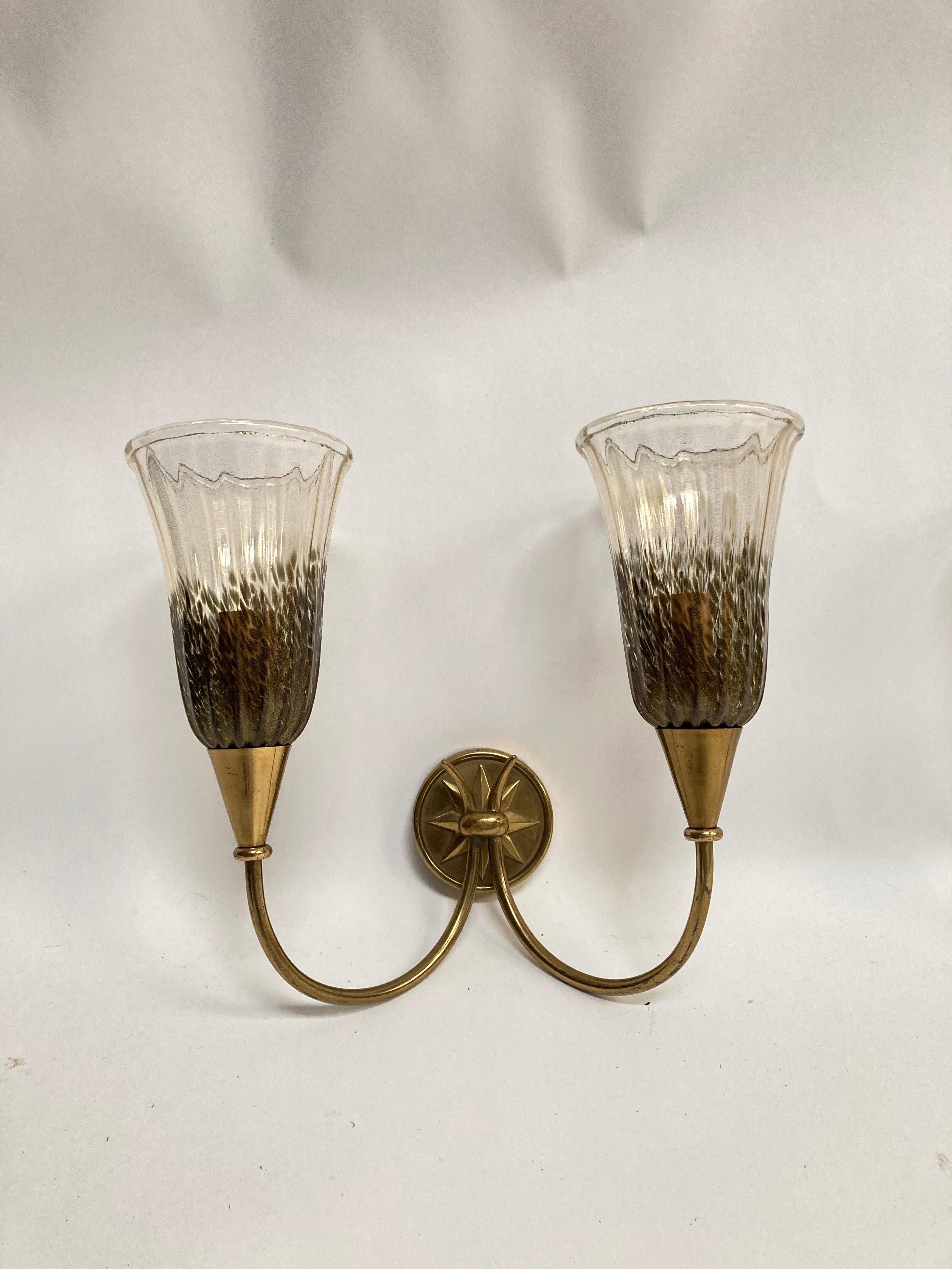 Brass Pair of Sconces Attributed to André Arbus and Veronese For Sale