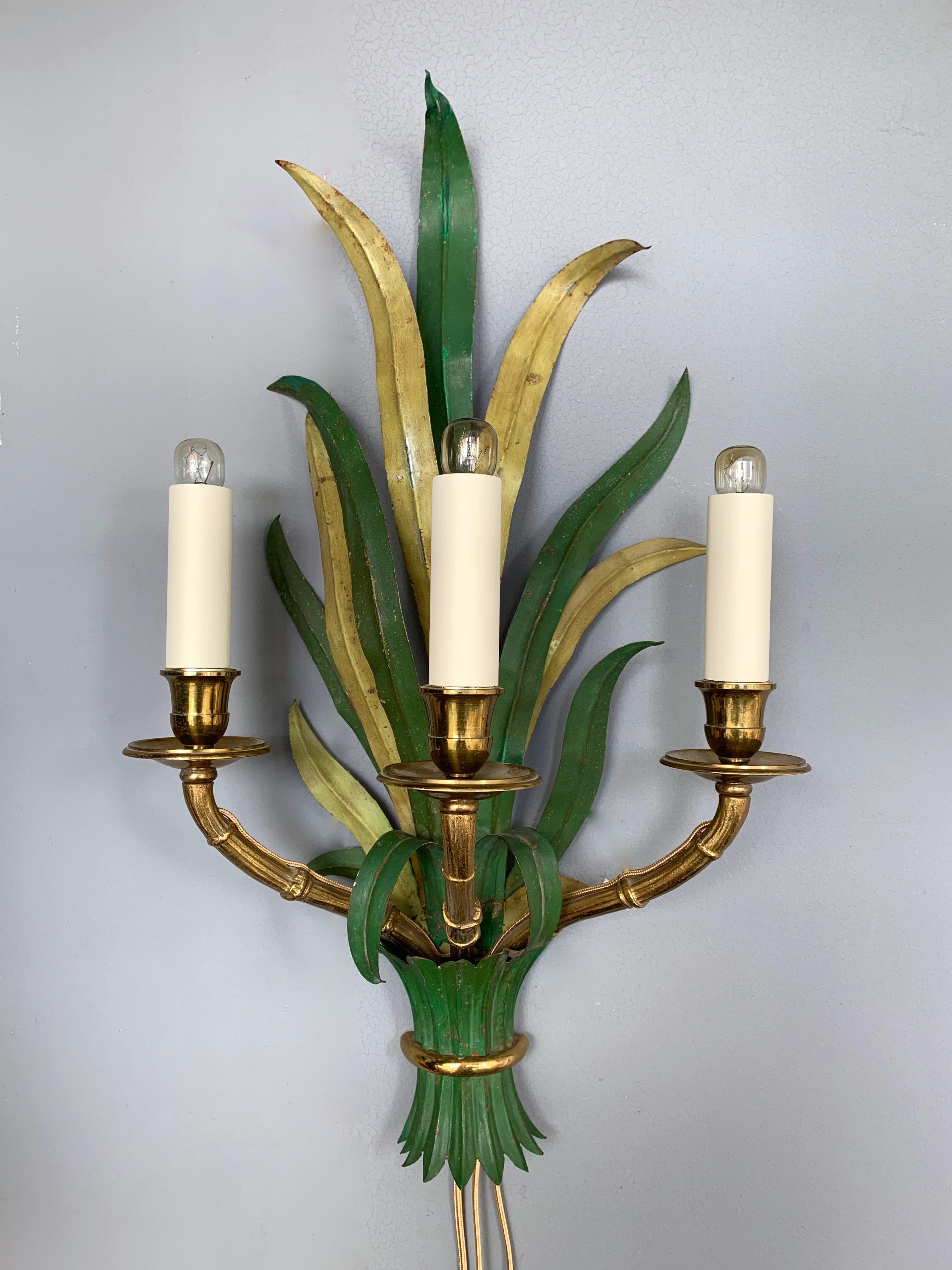 Pair of Sconces Bamboo Palm Bronze by Maison Bagues, France, 1970s 2